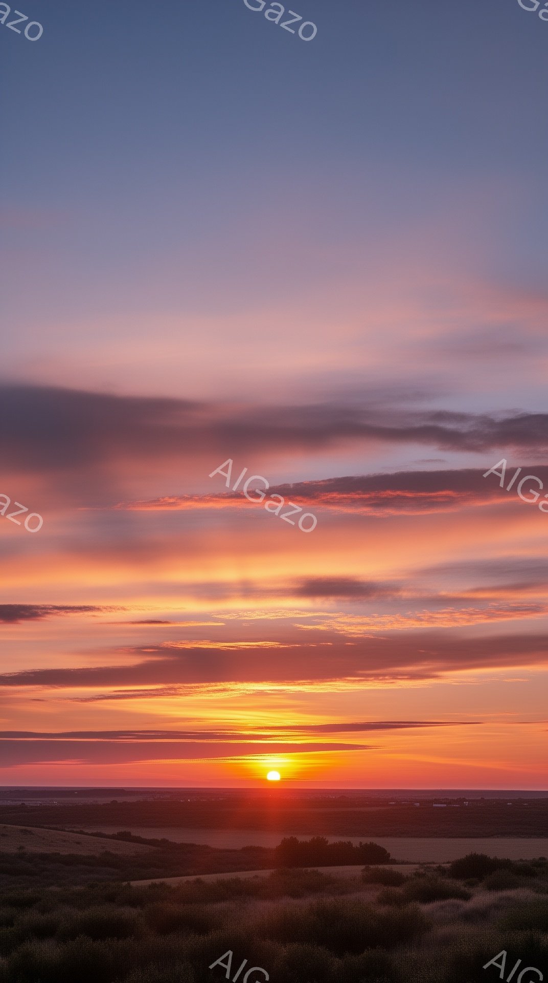 広大な草原が広がり、地平線には燃えるような夕日が沈みかけている。空はオレンジ、ピンク、紫の色合いが混ざり合い、ドラマチックな光景を作り出している。低木が生い茂る地面と、遠くに見えるわずかな樹木が、夕焼け空とのコントラストを際立たせ、静かで平和な雰囲気を醸し出している。