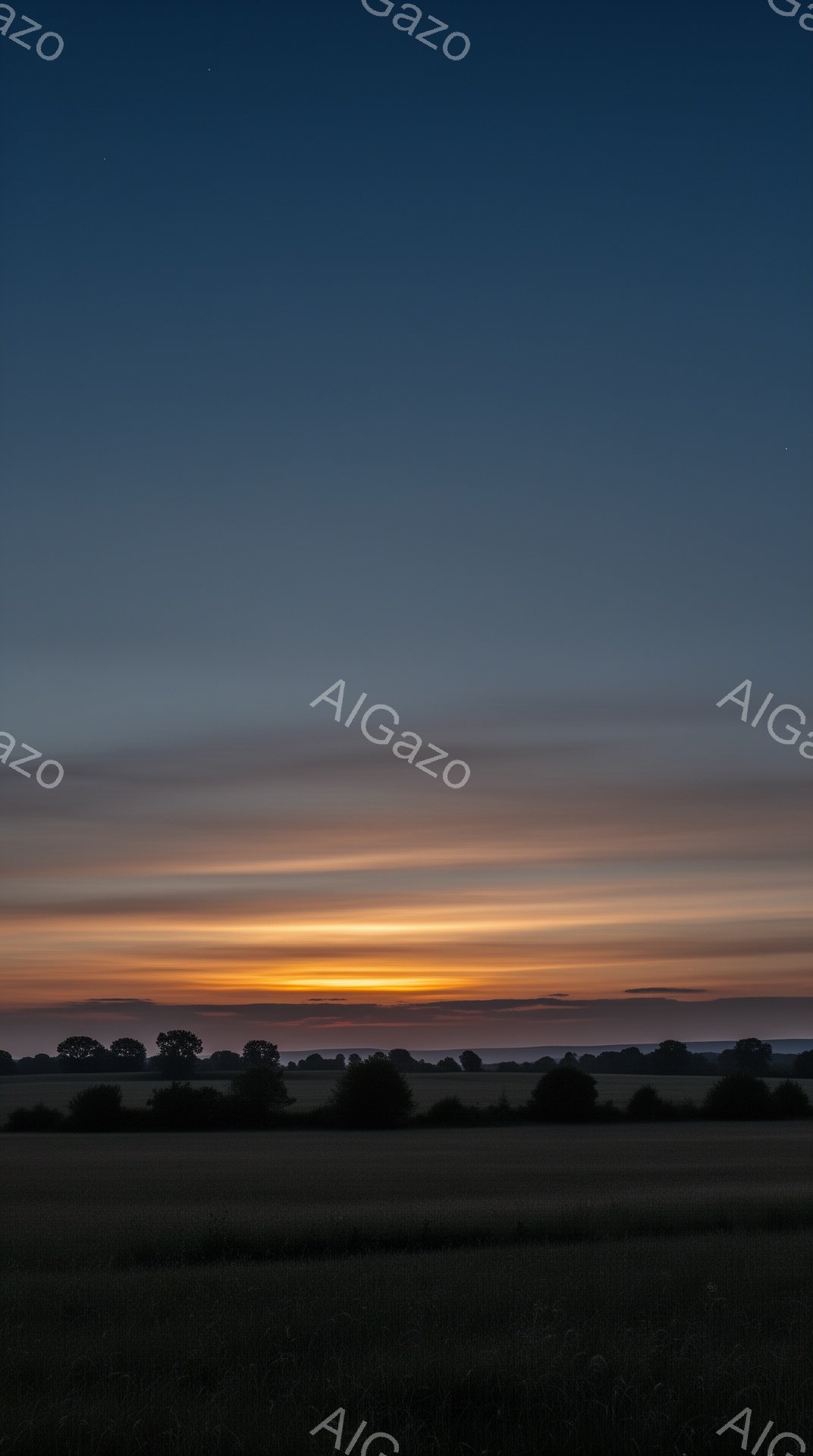 広大な草原が夕焼けに照らされており、地平線にはシルエットで木々が並んでいる。空はオレンジ色から青色へとグラデーションになっており、穏やかで静謐な雰囲気を醸し出している。黄金色の草原と鮮やかな空のコントラストが、自然の美しさを際立たせている。