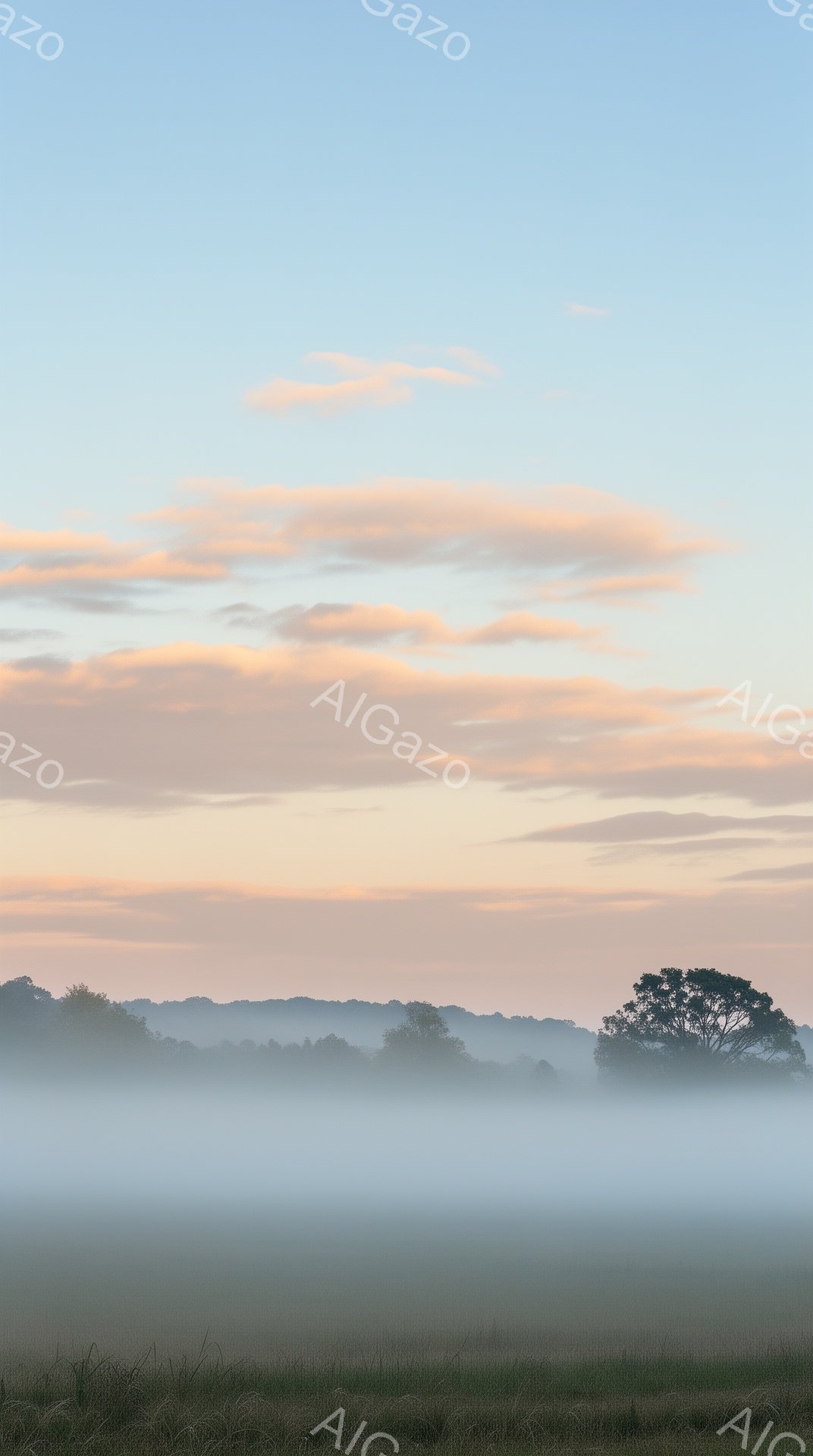 広大な緑の牧草地が広がっており、遠くには霧に包まれた丘陵地帯が見える。空は淡いオレンジ色と水色のグラデーションで、穏やかな朝の光が辺りを照らしている。霧と空の色合いが相まって、静かで神秘的な雰囲気を醸し出している。