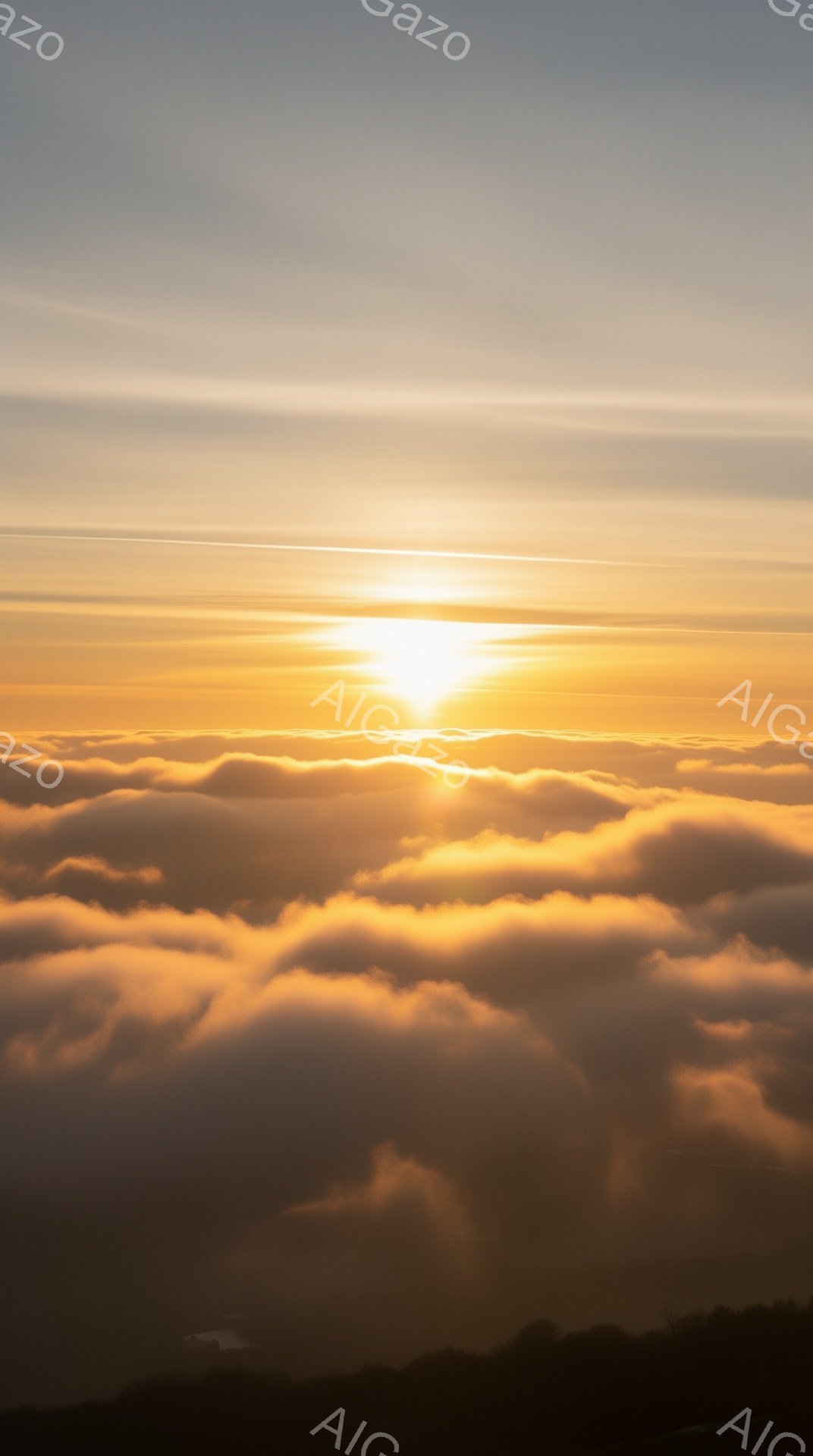 燃えるような夕焼けが雲海を照らし、金色の光が空と雲を染め上げています。雲はまるで波のように起伏し、その下には緑豊かな山々が薄く見え隠れしています。全体的に暖かく、幻想的で穏やかな雰囲気が漂っています。