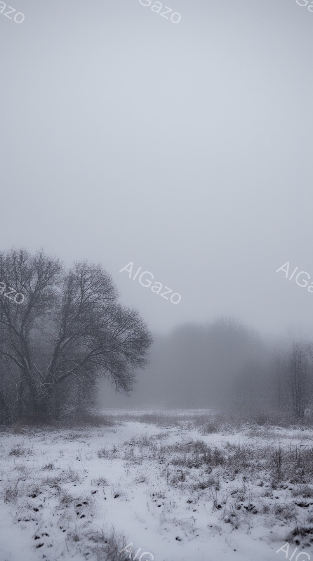 白い霧に包まれた荒野が広がっており、地面は雪と乾いた草で覆われている。左手には枝を広げた冬の木がそびえ立ち、奥にはぼんやりと木々のシルエットが見える。全体的に、寂しげで厳しく、静寂に満ちた冬の風景である。