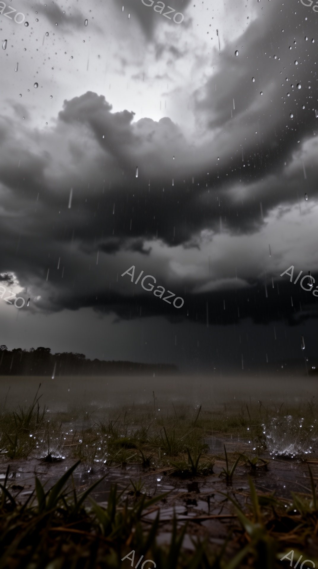 荒涼とした湿地帯が広がり、強い雨が降り注いでいる。暗い雲が空を覆い、遠くの海岸線は霧に包まれ、全体的に陰鬱でドラマチックな雰囲気を醸し出している。水面に落ちる雨粒が波紋を作り、自然の力強さと静寂を同時に感じさせる。