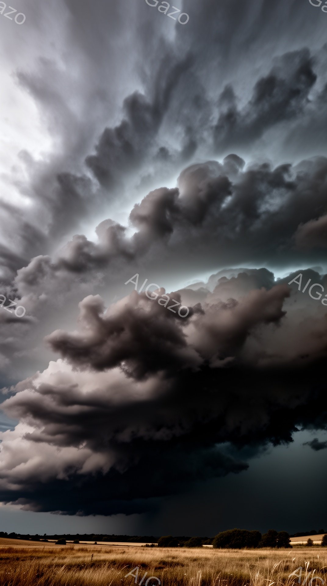 広大な黄金色の草原が、迫りくる暗雲の下に広がっている。重々しい雲は渦巻き、雷雨が近づいていることを示唆し、そのコントラストがドラマチックな光景を生み出している。遠くにはぼんやりと見える木々があり、荒涼とした風景に不気味な雰囲気を添えている。