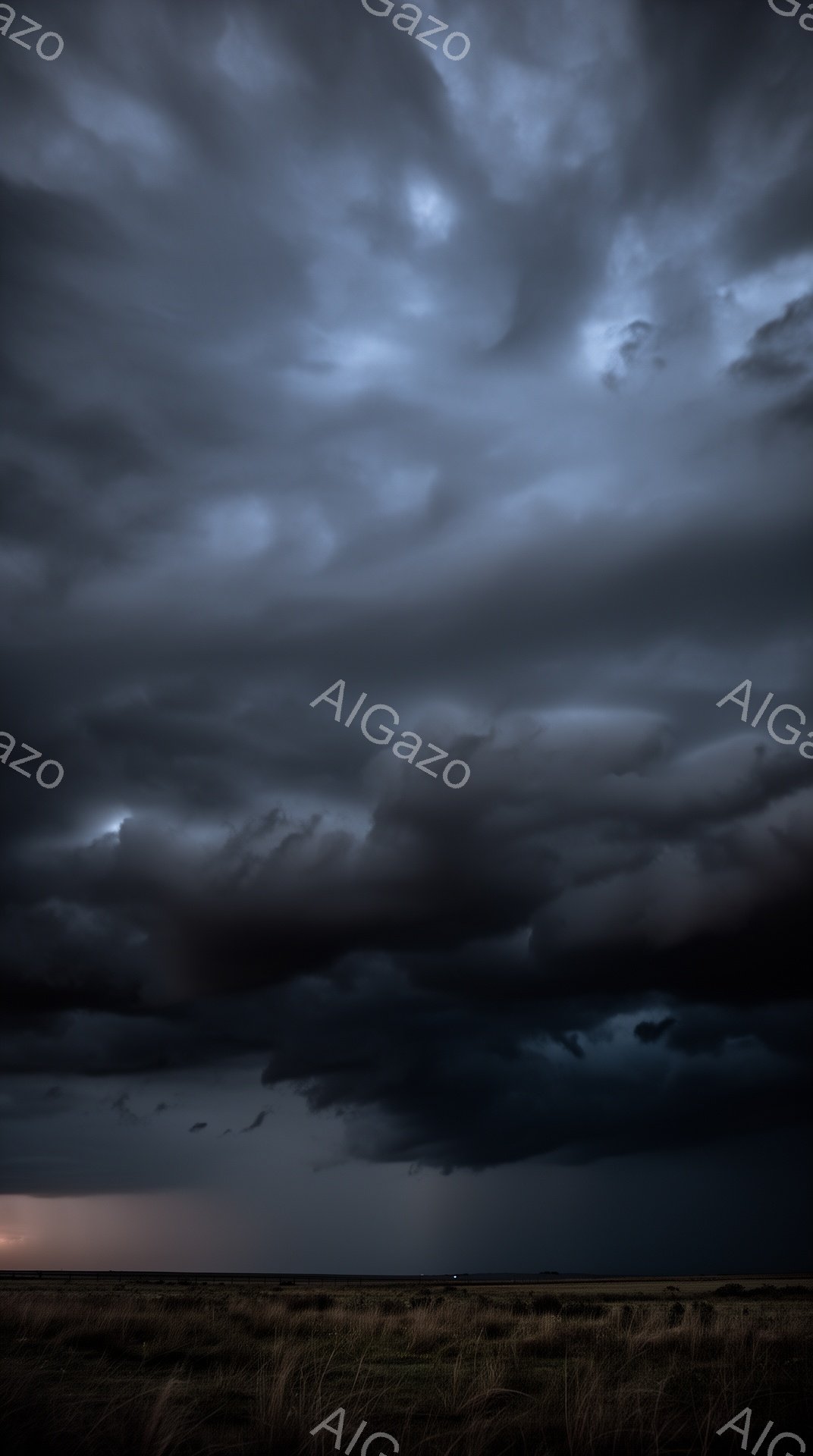 荒涼とした草原が広がり、地平線には暗く重い雲が立ち込めている。雲はまるで押し寄せる波のようにうねり、嵐の前兆を感じさせる。 全体的に陰鬱で、厳しい自然の力を前にした静けさが漂っている。 - AI生成フリー素材