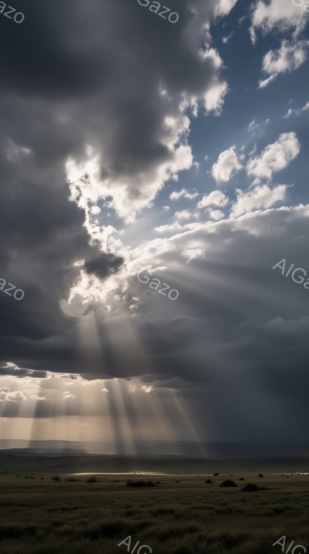 荒涼とした草原が広がり、重厚な雨雲が空を覆っている。雲の間から力強い光線が差し込み、草原を照らし出す様子は壮大でドラマチックだ。全体的に陰鬱でありながらも希望を感じさせる、力強い自然の光景である。