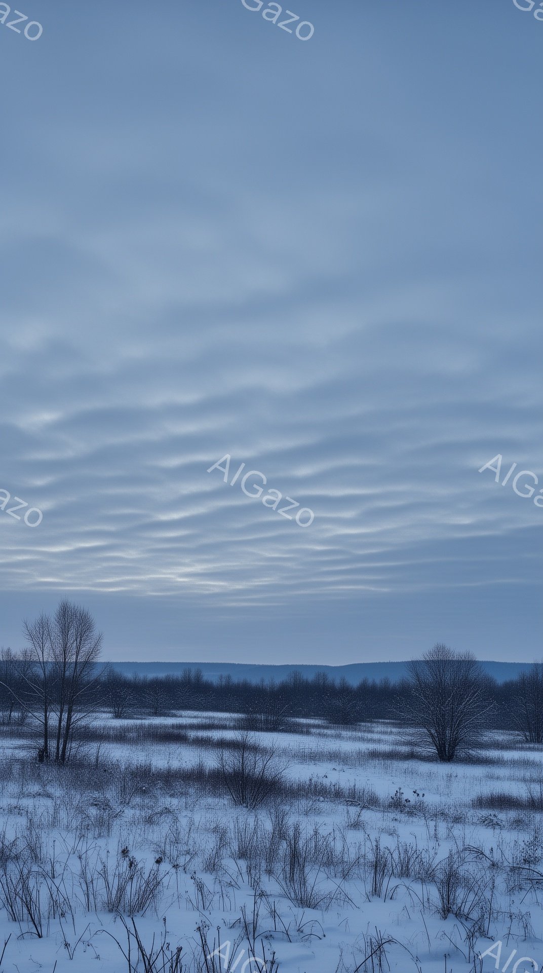 凍てつくような冬の風景が広がっている。雪に覆われた野原には枯れ木が点在し、遠くには雪化粧した丘が連なっている。空は薄い雲に覆われ、まるで水墨画のような青いグラデーションが広がっている。