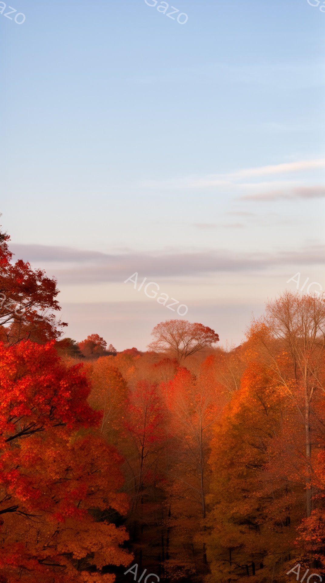 秋の色鮮やかな木々の風景です。赤、オレンジ、黄色の葉が密集し、夕暮れ時の空を背景に、暖かく、心地よい雰囲気を醸し出しています。木々の間からわずかに見える遠景が奥行きを添え、穏やかな秋の夕方を連想させます。
