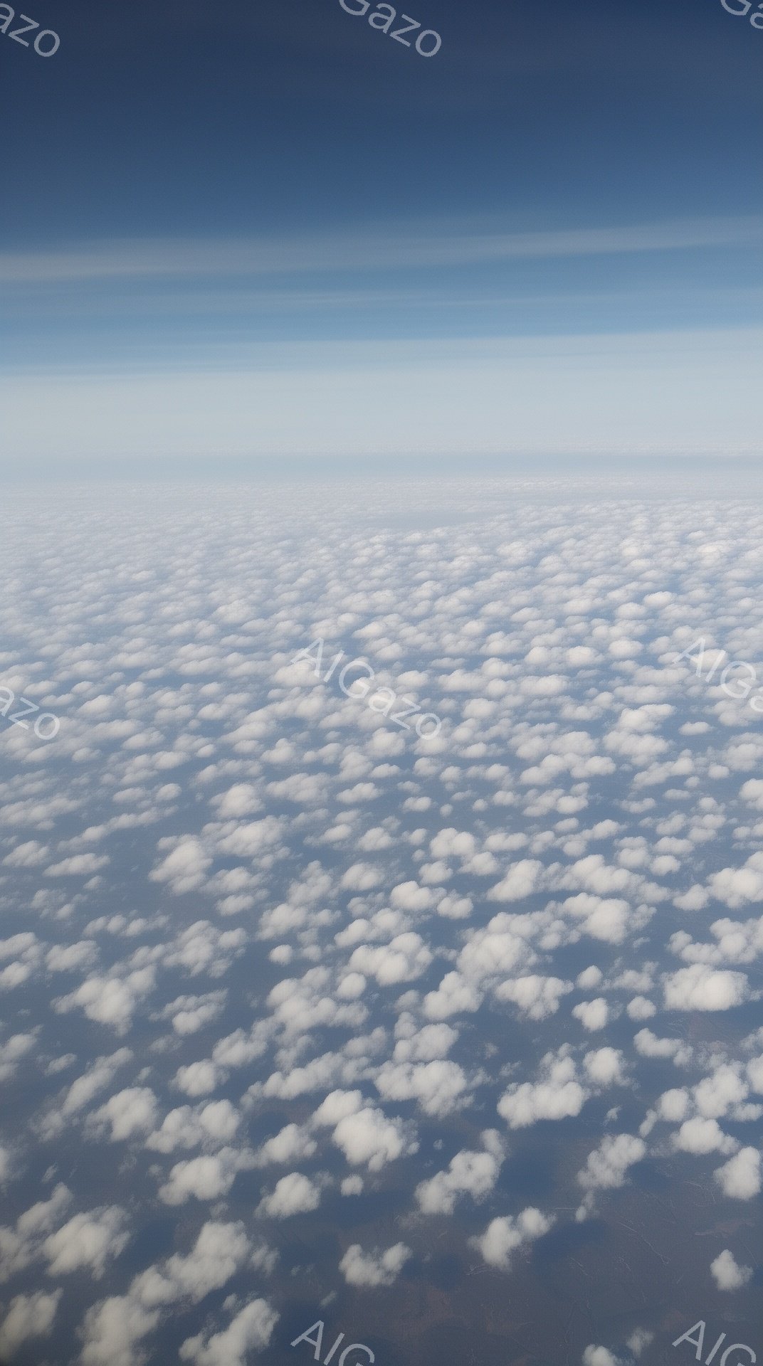 広大な雲海が地平線まで広がっており、白い丸い雲が綿のように密集している様子が印象的です。雲の下には、ぼんやりと地表の緑が見え、おそらく森林地帯か農地であると思われます。青空とのコントラストが美しく、まるで空から眺める別世界の風景のようです。