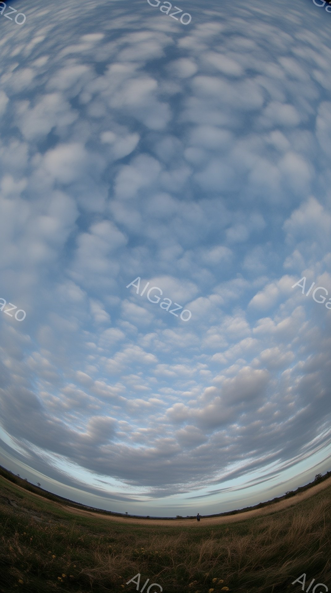 広大な草原が広がり、その上にはもくもくと積まれた白い雲が空一面に広がっている。遠くには人影が見え、緑の草地と黄色の野花が足元に咲き乱れている。空は明るい青色と雲の白いコントラストが印象的で、穏やかで開放的な雰囲気を醸し出している。