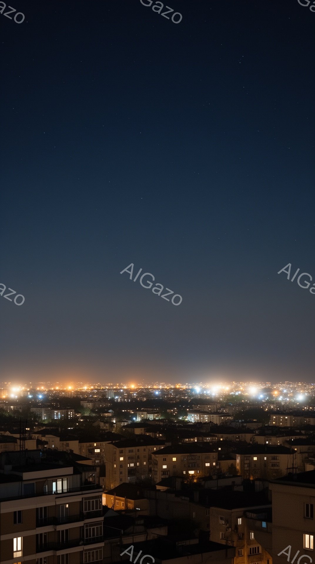 夜空にはわずかな星が散りばめられ、地平線には広大な都市の灯りが連なっている。建物の屋根は暗く、窓からはいくつかの明かりが漏れ出し、都市の生活の温かさを感じさせる。全体として、静寂と穏やかさの漂う夜景であり、遠くの光が都市の活気を感じさせる。