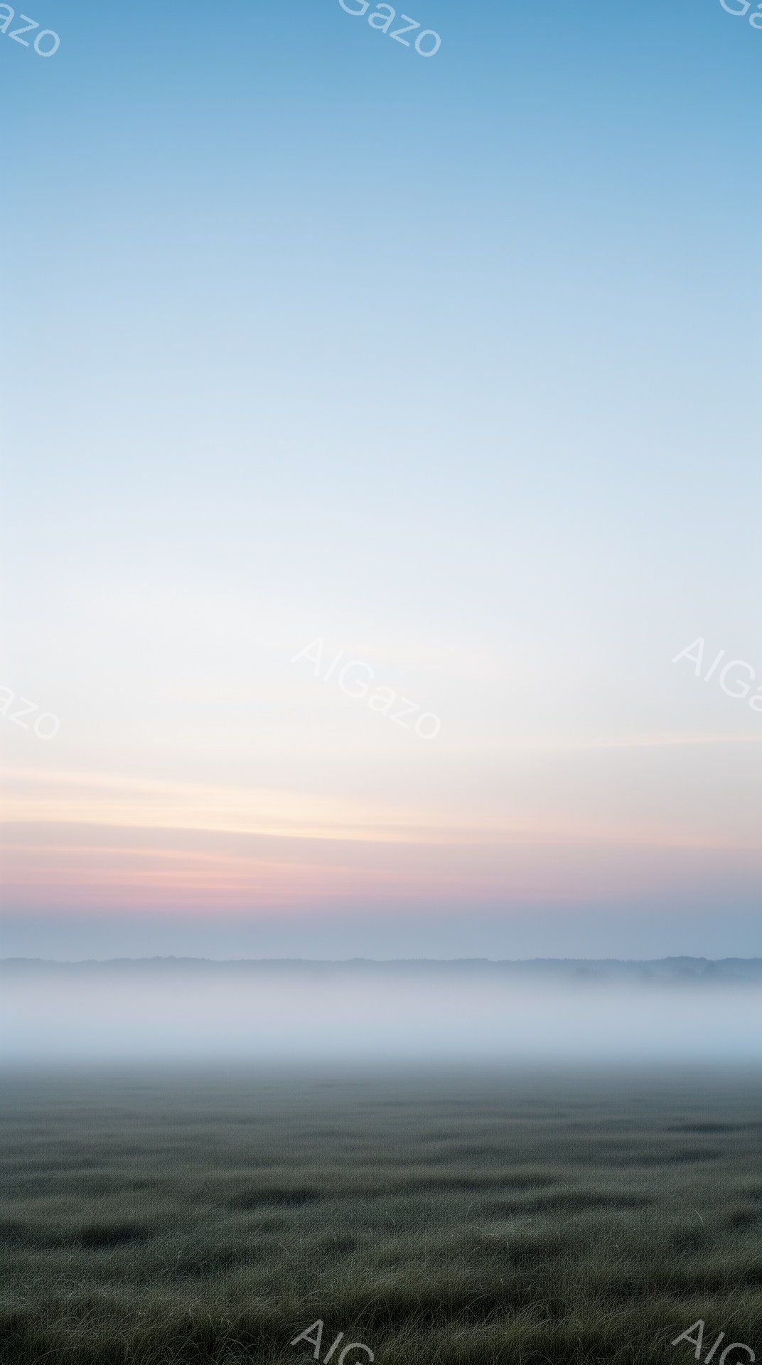 広大な緑の草原が、朝霧に包まれ、地平線には淡いピンクとオレンジ色のグラデーションが広がっている。霧は草原の上を覆い、遠くの景色をぼんやりと隠し、静寂で幻想的な雰囲気を醸し出している。空は明るい青色からピンク色へと変化し、静かで穏やかな自然の美しさを強調している。