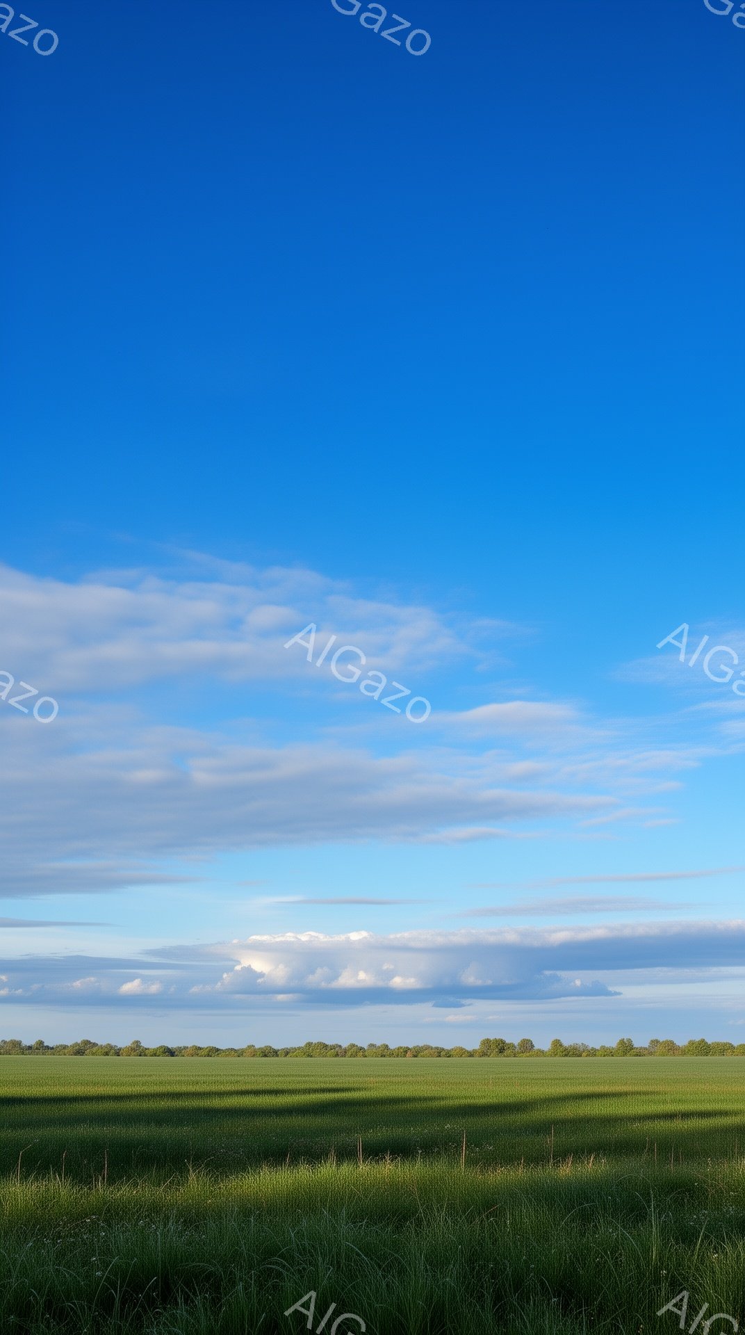 広大な緑の草原がどこまでも続き、遠くには木々の緑が帯のように見えている。空は鮮やかな青色で、白い雲が点在し、穏やかな夏の日の風景を表現している。地面には影が落ちており、光と影のコントラストが美しい。