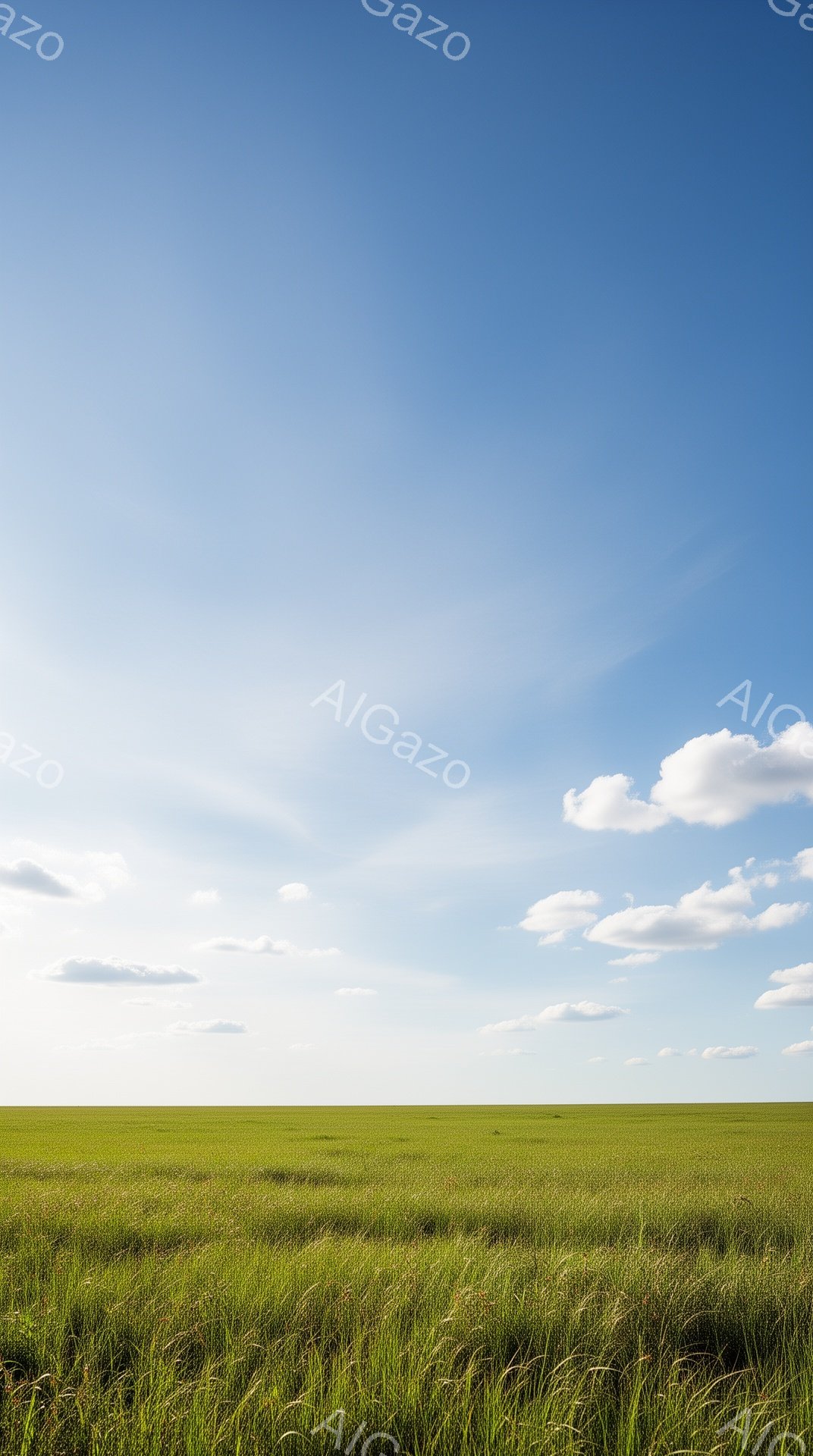 広大な緑の草原が広がり、手前の草は高く生い茂っている。空は澄み切った青色で、白くふわふわとした雲が点在し、穏やかな夏の日の雰囲気を醸し出している。地平線は遠くに見え、全体的に静かで平和な風景である。