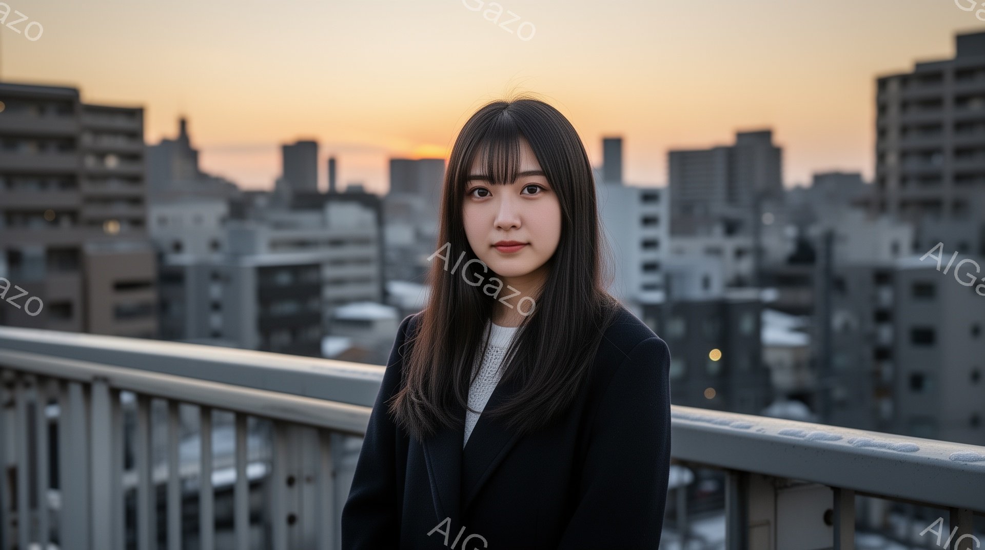 長い黒髪で、前髪が目にかかる女性が、グレーの柵の前に立っている。黒いコートと白いセーターを着ており、表情は落ち着いて少し微笑んでいるように見える。背景には密集した建物群と、夕焼けのオレンジ色の空が広がっており、都会的な雰囲気の中で女性が佇んでいる様子が捉えられている。