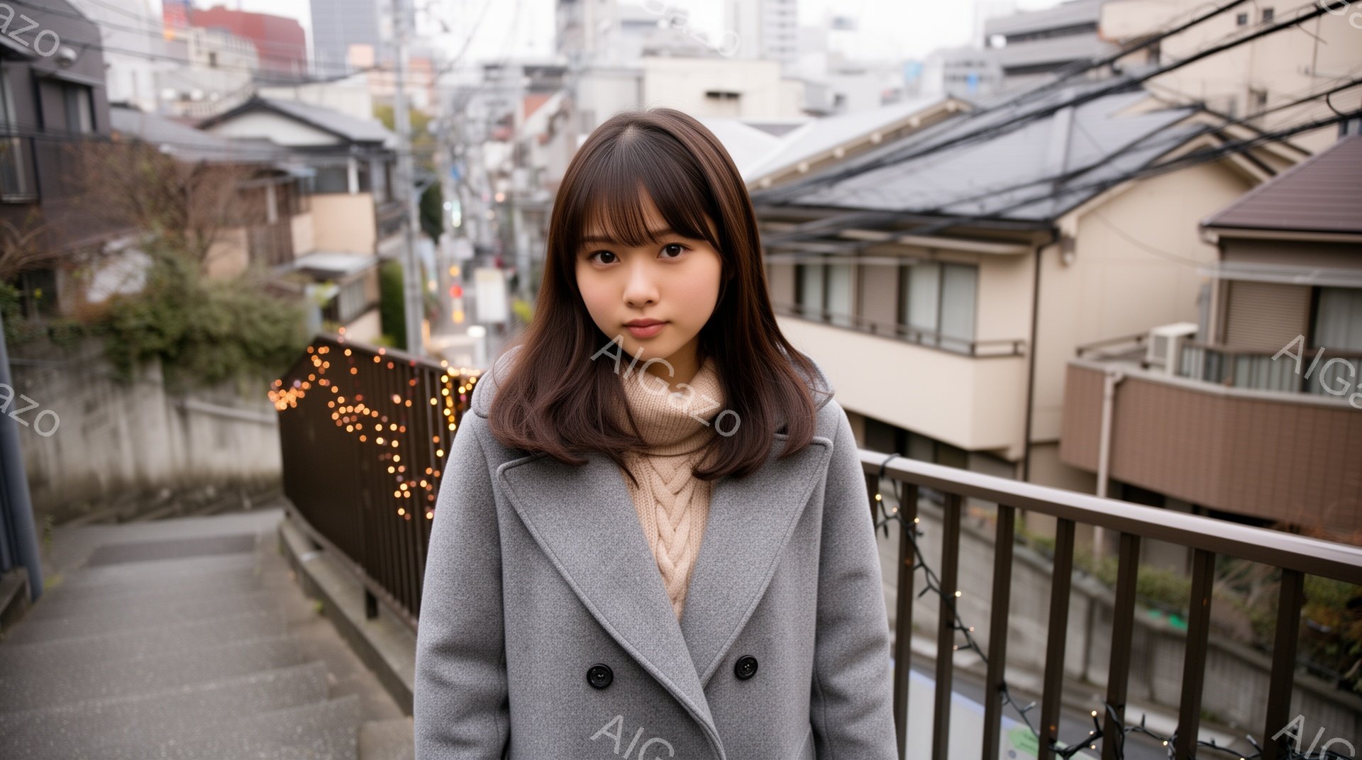 若い女性がグレーのコートとベージュのセーターを着て、カメラの方を見て立っています。彼女はストレートのダークブラウンのヘアスタイルで、穏やかな表情をしています。背景には、階段状の道と密集した住宅、そして電飾がわずかに見え、少し寂しげで日常的な雰囲気を醸し出しています。