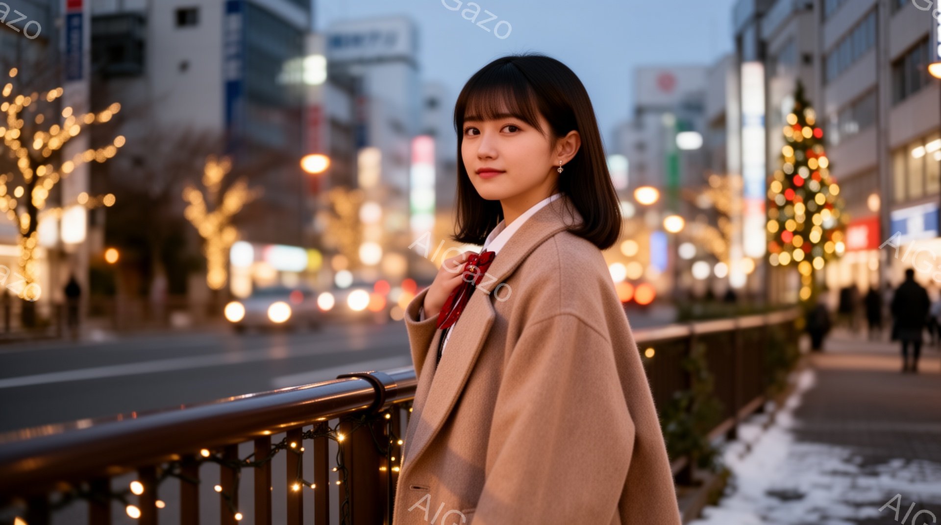 明るい茶色のコートを着た若い女性が、手で首元のリボンを軽く握りながら、少し横を向いてこちらを見ている。背景には、クリスマスツリーやイルミネーションで飾られた賑やかな街並みが広がり、冬の夜の暖かい雰囲気が漂っている。手すり越しに見える道には人影がぼんやりとあり、街の活気を感じさせる。