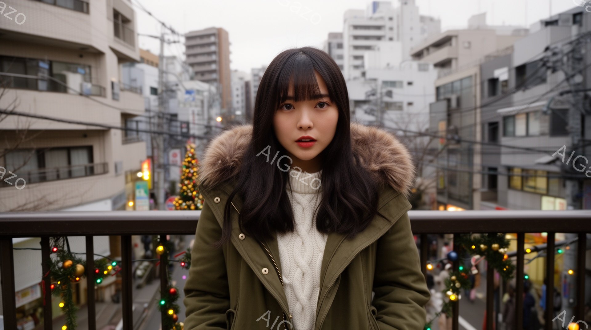 画像には、緑色のフード付きコートを着た若い女性が写っています。彼女は黒髪のストレートヘアで、表情は穏やかで少し微笑んでいます。背景には、クリスマスイルミネーションで飾られた賑やかな街並みと、灰色がかった曇り空が広がっています。