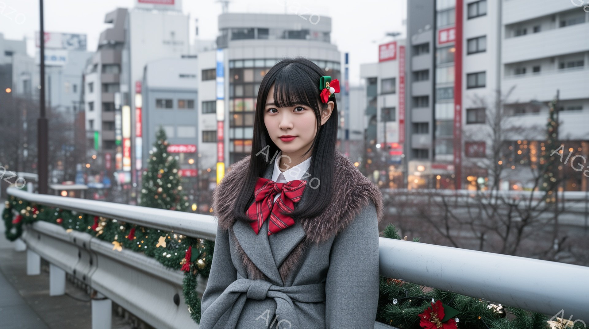 若い女性が灰色のコートとチェック柄のリボンを身につけ、少し微笑んでいます。彼女は黒髪で、前髪は眉毛にかかる程度に整えられており、髪飾りをつけています。背景には、クリスマス装飾が施された手すりと、都市の建物や街路樹が見え、やや曇り空の下で冬の雰囲気が漂っています。