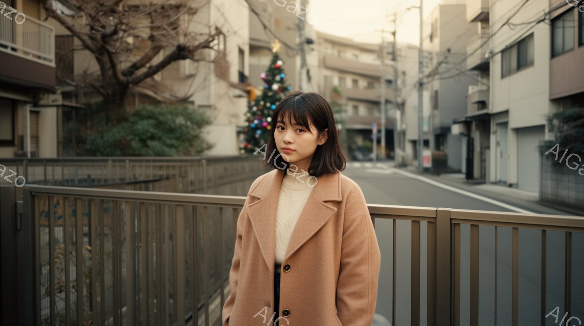 若い女性がベージュ色のコートと白いセーターを着て、柵にもたれて立っている。彼女は黒髪のショートボブで、わずかに眉間にしわを寄せた表情をしている。背景には住宅街が広がり、木々やクリスマスの飾り付けが見え、全体的に少し寂しげで落ち着いた雰囲気である。