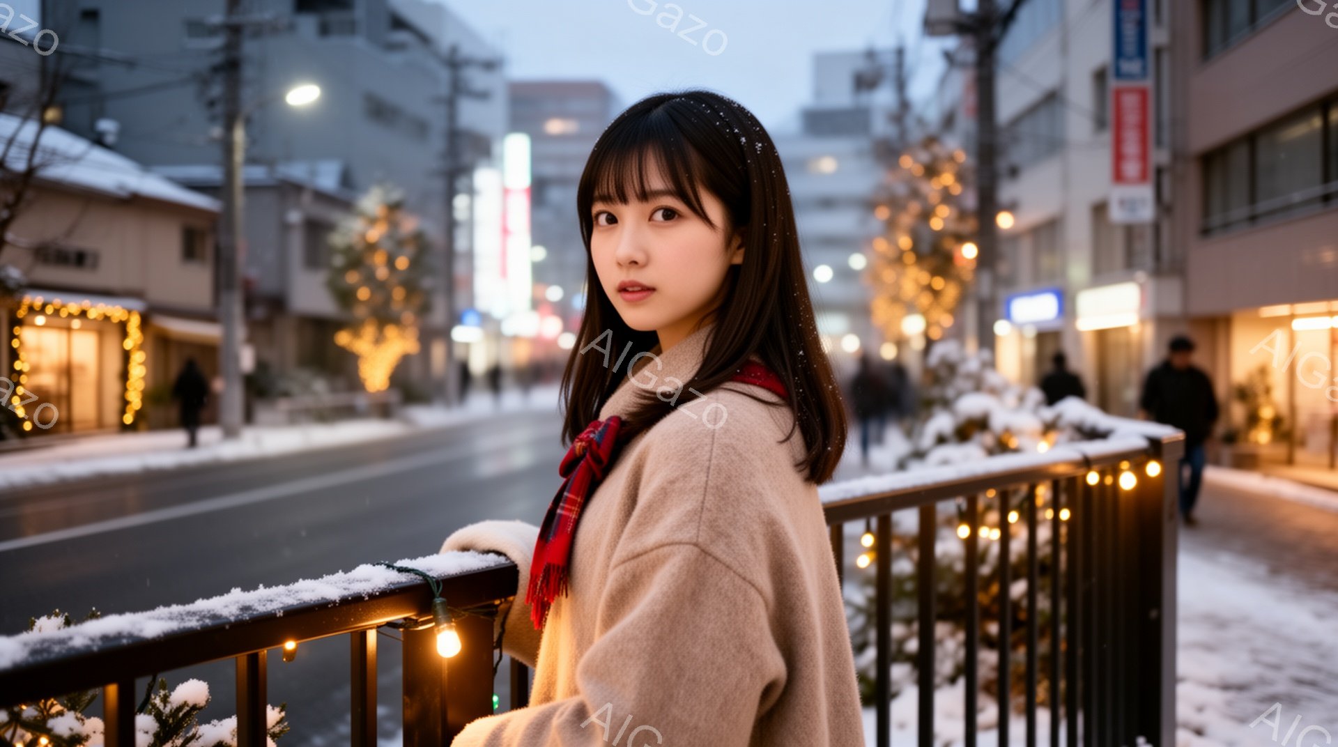 画像には、短い黒髪の女性が映っており、前髪は眉毛にかかるように切り揃えられています。ベージュ色のコートとチェック柄のストールを身に着け、少し微笑みながらこちらを見ています。背景には、雪が降る夜の街並み - AI生成フリー素材