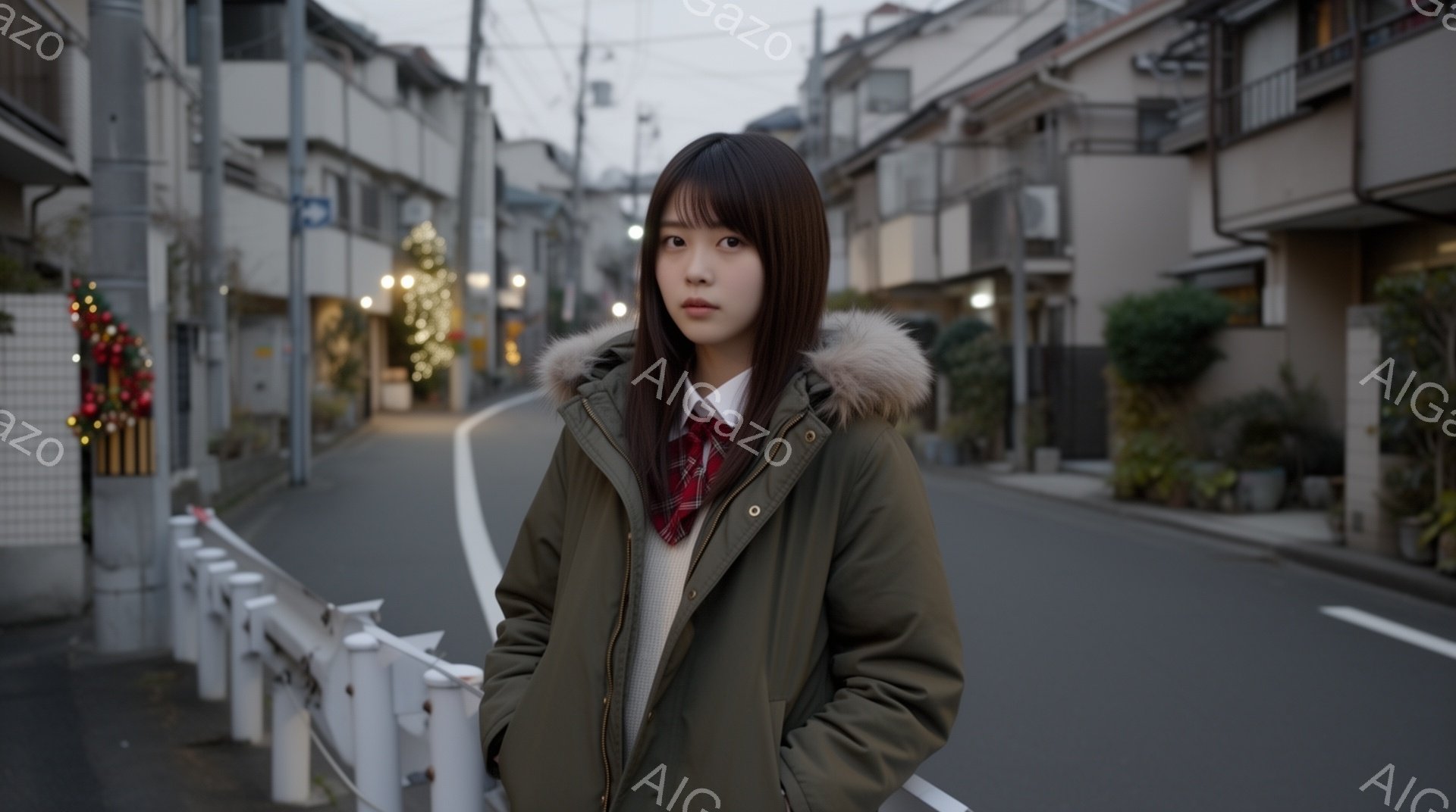 長い黒髪の少女が、チェック柄のシャツと白いセーター、緑色のパーカーを羽織って立っている。彼女は少し憂いを帯びた表情で、道の端にある白い柵にもたれている。背景には日本の住宅街が広がり、薄暗い空と静かな路地が、どこか寂しげな雰囲気を醸し出している。