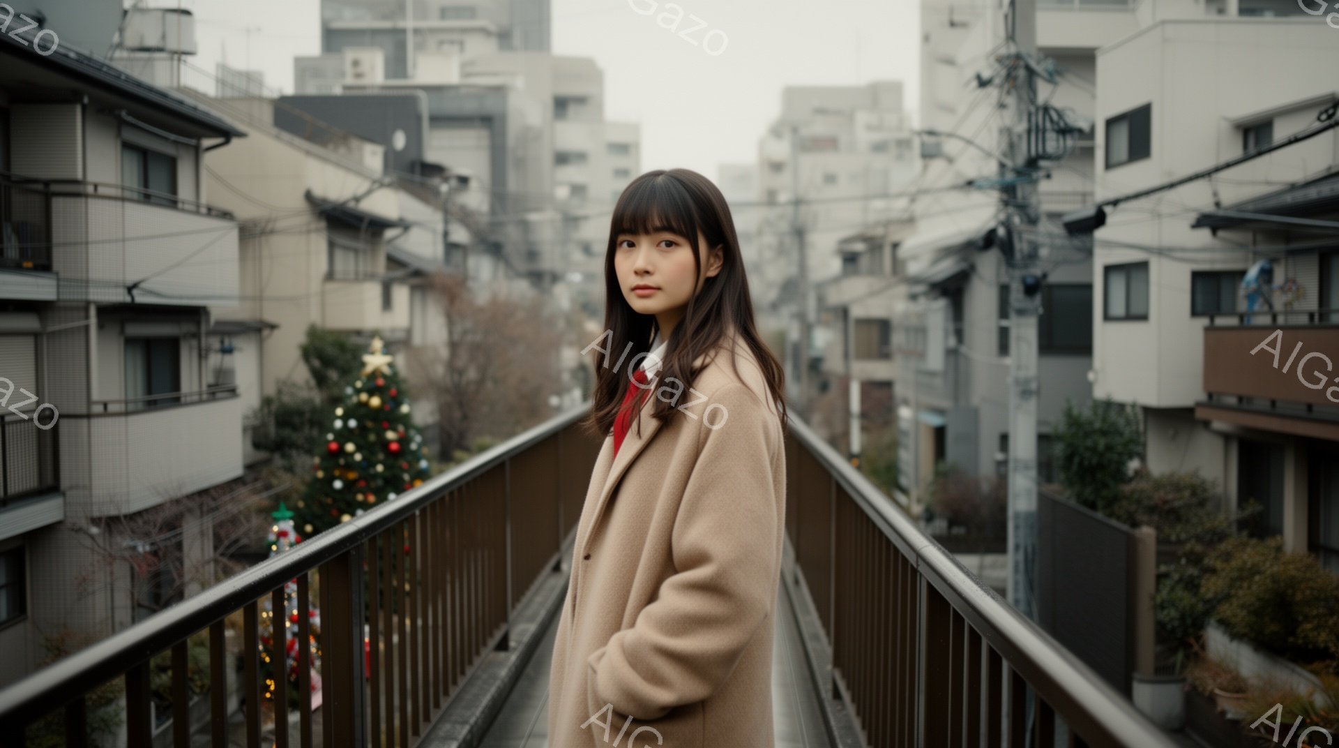 若い女性がベージュ色のコートを着て、橋の上でカメラに向かって立っている。彼女は長い黒髪で、前髪が目にかかるようにカットされており、表情はやや憂いを帯びている。背景には密集した建物群と、わずかに見えるクリスマスツリーがあり、全体的にどんよりとした天候が漂う、都会の風景が広がっている。