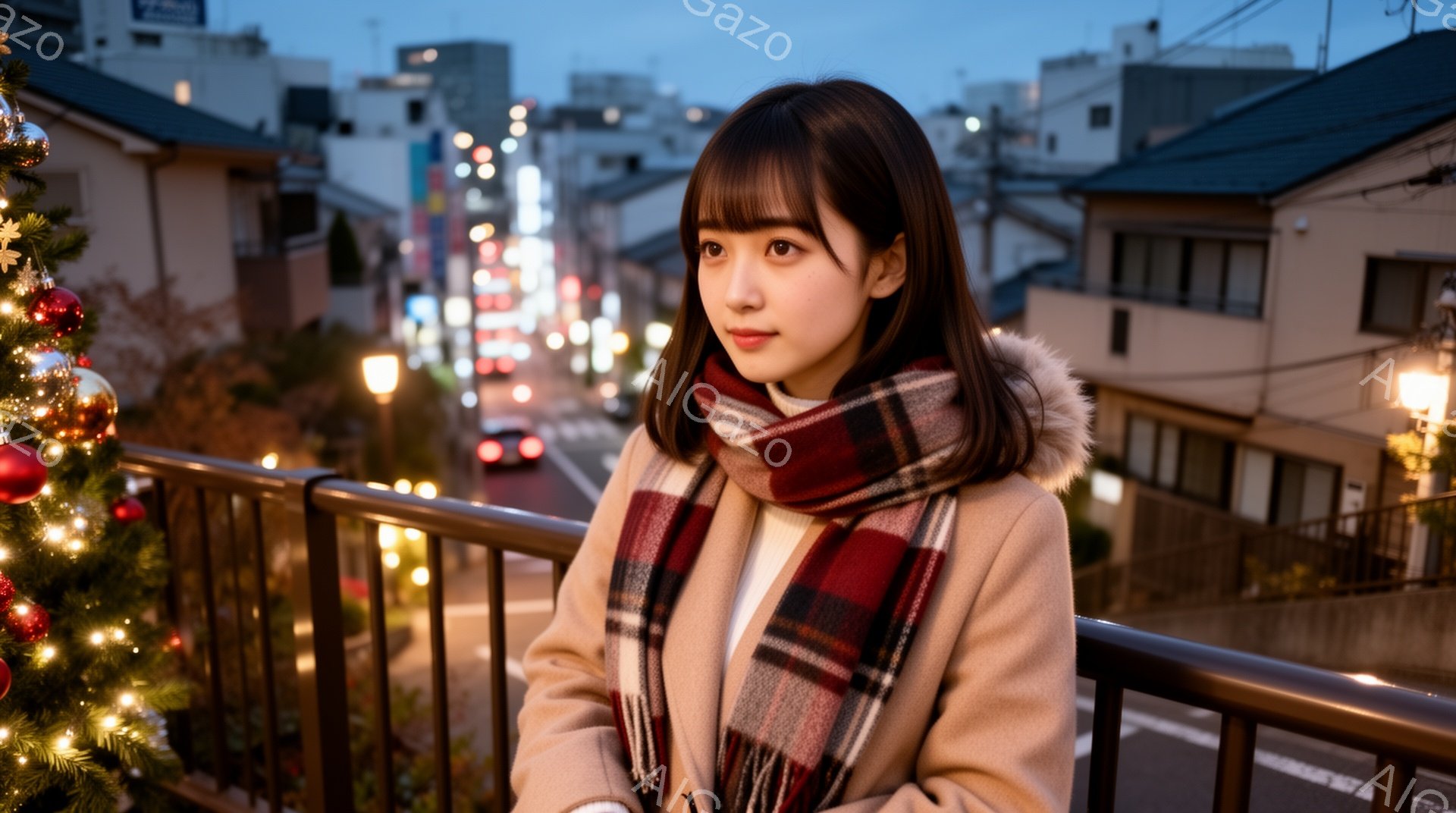 長い前髪とゆるいカールが特徴の女性が、ベージュ色のフード付きジャケットと白いセーターを着て、赤いチェックのストールを巻いています。彼女はバルコニーの手すりに寄りかかり、遠くの街並みを見つめています。背景には、夜の街並みと、クリスマスの飾り付けがされた植物が見え、全体的に少し寂しげで温かい雰囲気です。