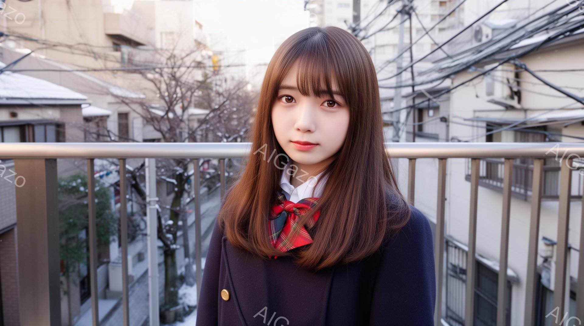 茶髪の長い髪型をした若い女性が、紺色のブレザーと赤いチェックのネクタイを着用し、少し微笑んでいます。彼女はバルコニーの手すりに寄りかかり、カメラに向かって正面を向いています。背景には日本の住宅街が広がり、建物や電線、そして冬の空が広がっています。