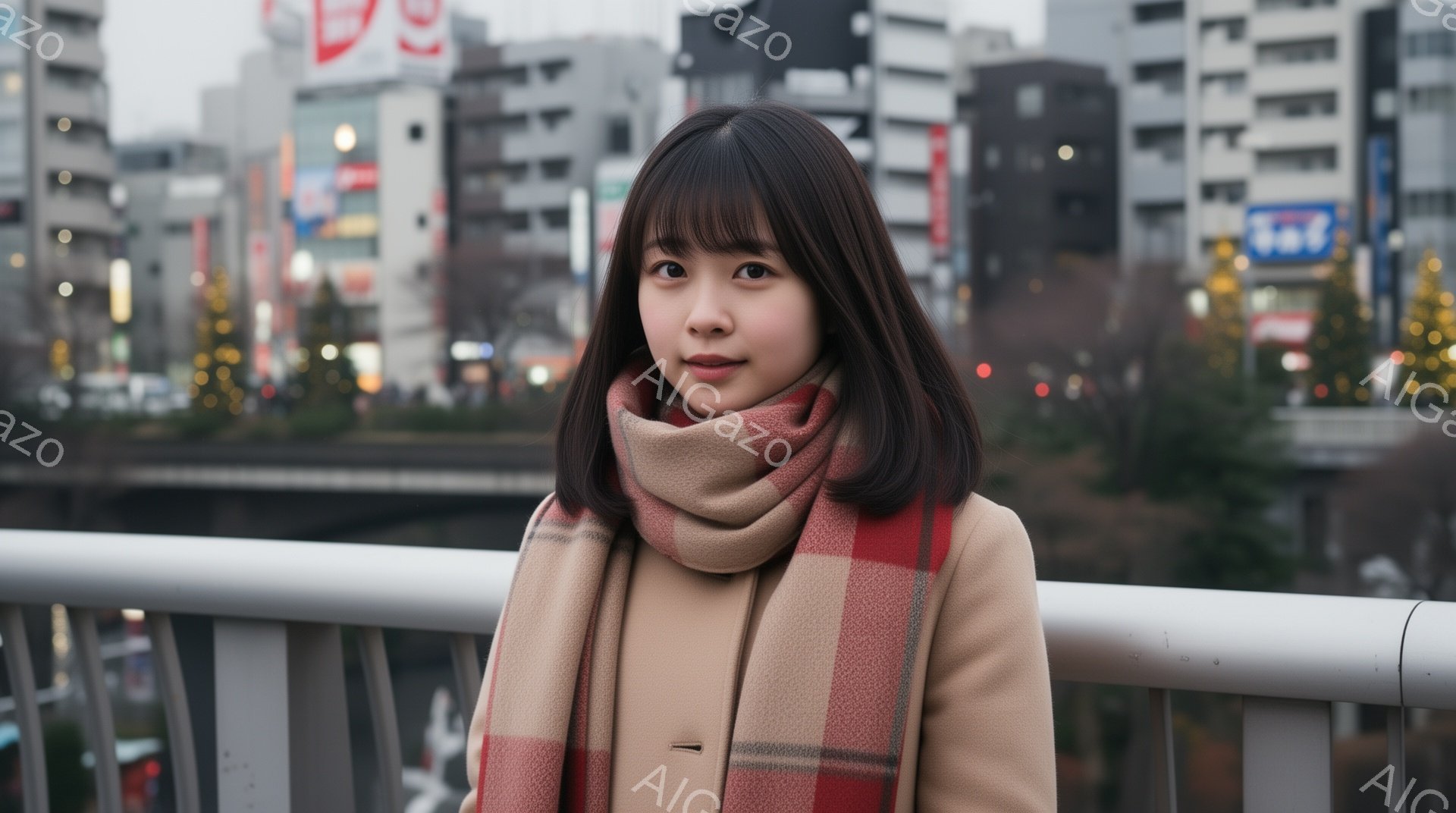 画像には、短いボブヘアの若い女性が写っており、前髪は眉毛にかかっています。ベージュ色のコートとチェック柄の暖かいスカーフを身につけ、少し微笑んでいます。背景には、明るい光で飾られた都市の建物や、穏やかな水面が見え、全体的に穏やかで都会的な雰囲気が漂っています。