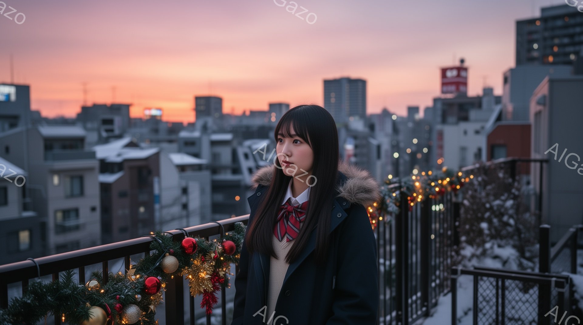 長い黒髪をセンターパートにした若い女性が、冬の屋上でバルコニーに寄りかかっている。紺色のファー付きのジャケットと、チェック柄のネクタイ、ベージュのセーターを着ており、少し憂いを帯びた表情をしている。背景には、夕焼け空の下に広がる都市の建物群と、クリスマス装飾が施されたバルコニーの手すりが見え、冬の寂しさと美しさが入り混じった雰囲気が漂う。