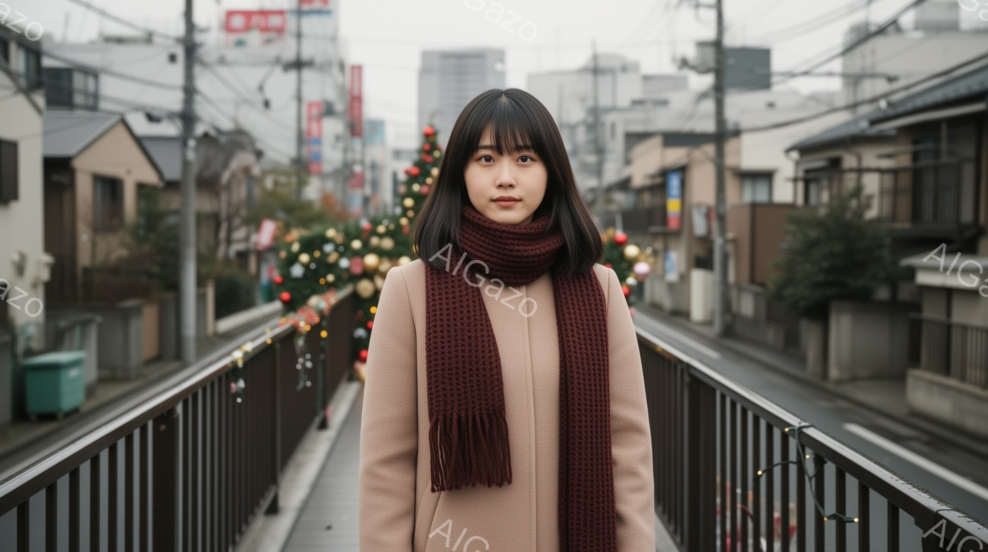 若い女性がベージュ色のコートと濃い赤茶色のマフラーを身に着けて、橋の上で正面を向いています。彼女は黒髪のボブヘアで、表情は穏やかで少し微笑んでいるように見えます。背景には、クリスマスイルミネーションが飾られた商店街と、薄暗い空の下の日本の住宅街が広がっています。
