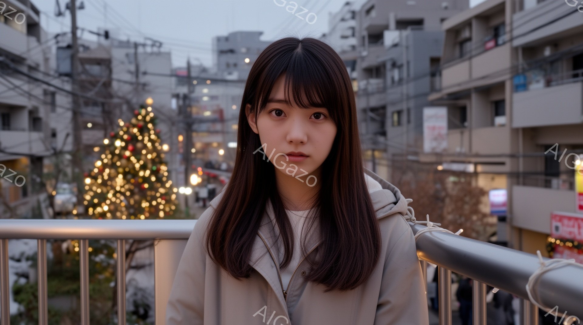 若い女性が、薄手のベージュ色のジャケットを着て、少し物憂げな表情でこちらを見ている。髪は肩にかかる長さで、前髪が目にかかり、全体的に落ち着いた印象を与える。背景にはクリスマスの飾り付けがされた木々と、日本の都市の風景が広がり、やや曇った空が全体的に静かな雰囲気を醸し出している。