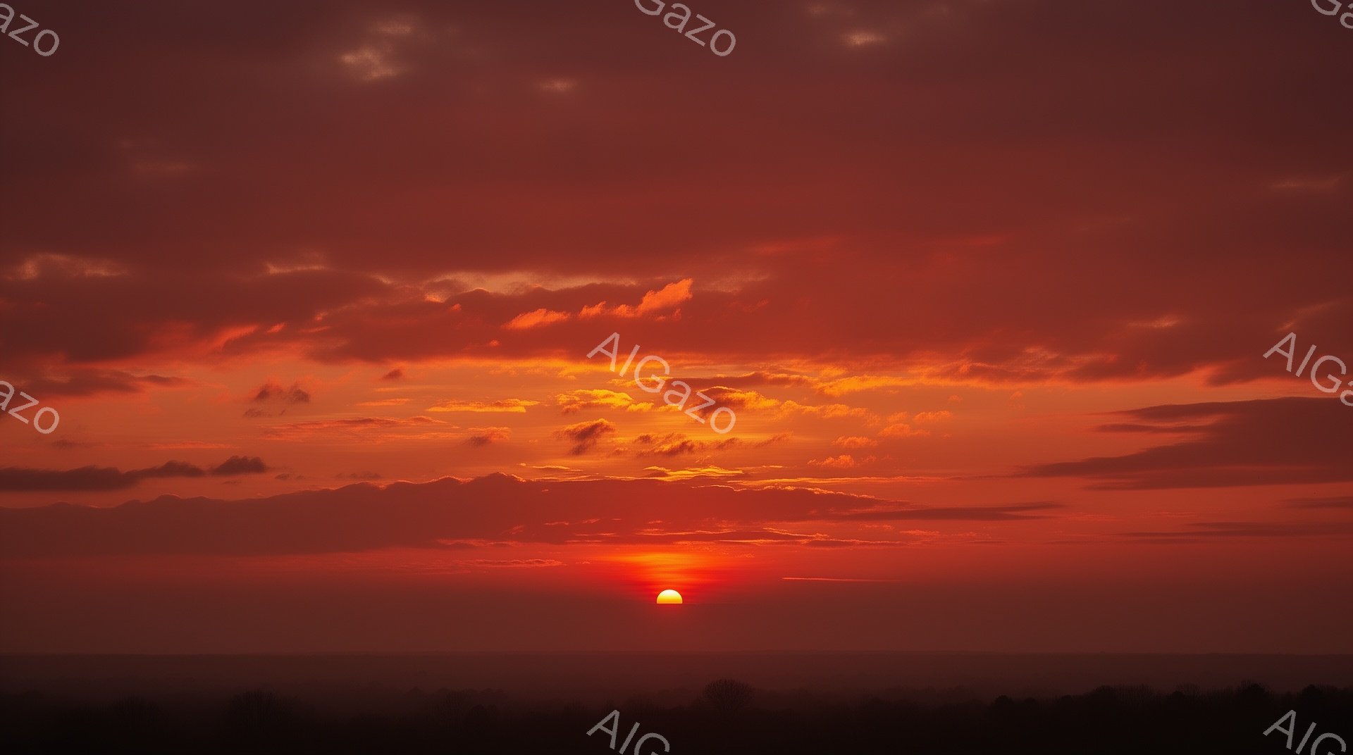 空は燃えるような赤とオレンジ色の雲で覆われ、地平線近くの太陽は鮮やかな赤い光を放っている。地平線には暗いシルエットの木々や丘が見え、遠くの海がかすかに見える。 全体的に、燃え盛る夕焼けが神秘的で力強い雰囲気を醸し出している。