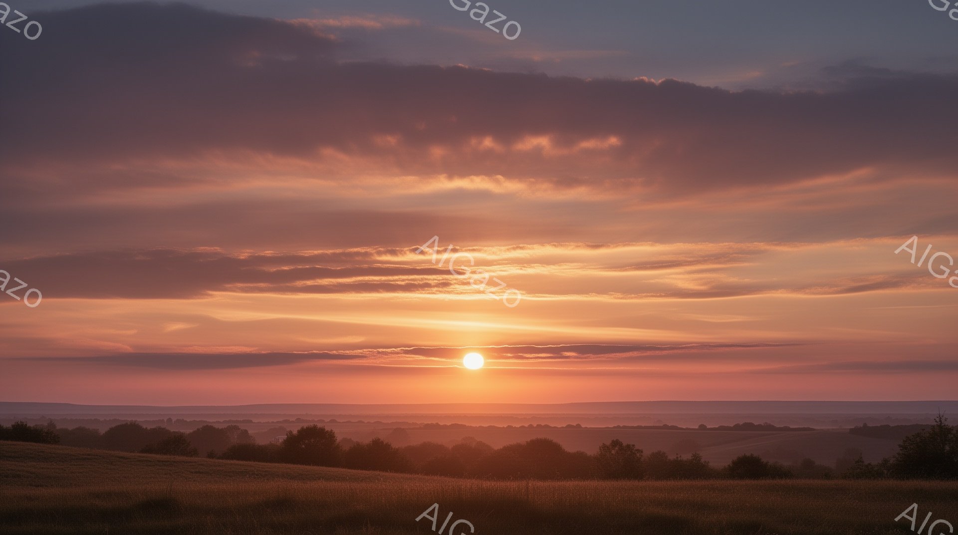 茜色に染まった夕焼けが広がり、太陽は地平線近くで力強く輝いている。丘陵地帯には緑豊かな植生が広がり、遠くには霞んだ建物や地形が見える。空には繊細な雲が広がり、暖かく穏やかな雰囲気を醸し出している。