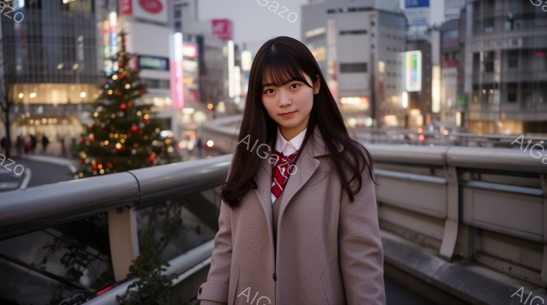 若い女性が、ベージュ色のコートと白いシャツ、赤いネクタイを着用して正面を向いています。彼女は黒髪で、前髪が目にかかるヘアスタイルです。背景にはクリスマスツリーや高層ビルが見え、夜の街並みがぼやけており - AI生成フリー素材