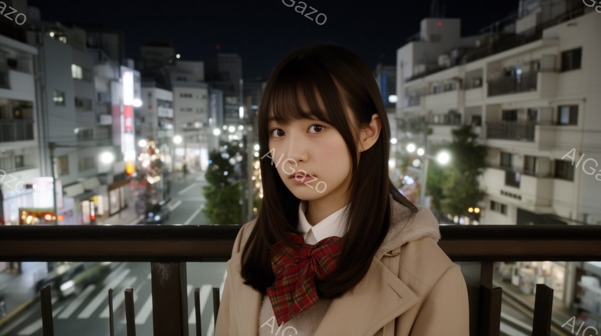 長いダークブラウンの髪は肩にかかり、前髪は眉毛のあたりでカットされている女性が写っている。白いシャツにチェック柄のリボン、ベージュのコートを着ており、少し物憂げな表情をしている。背景には夜の街並みが広 - AI生成フリー素材