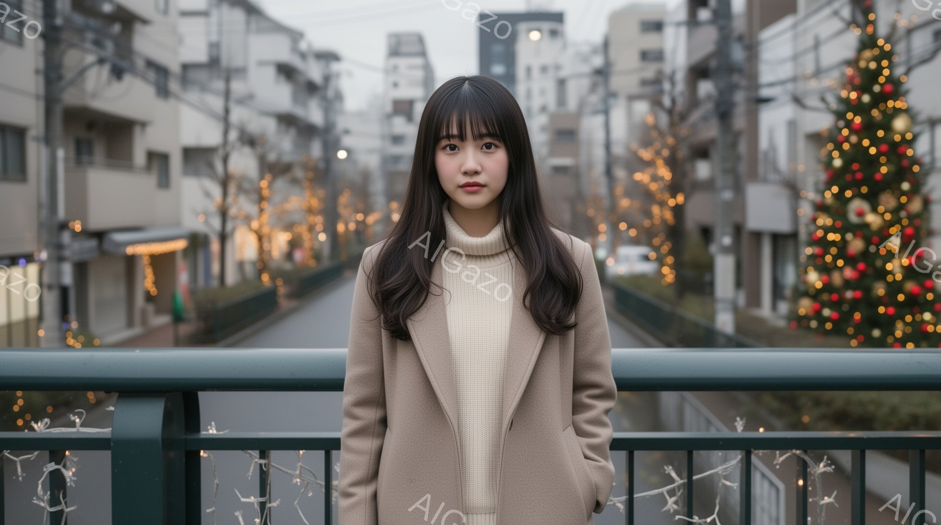 若い女性がベージュのコートとクリーム色のセーターを着て、カメラの方を見て立っています。彼女は前髪のあるストレートのダークヘアで、表情は穏やかです。背景には、クリスマスイルミネーションが輝く小川と、住宅 - AI生成フリー素材