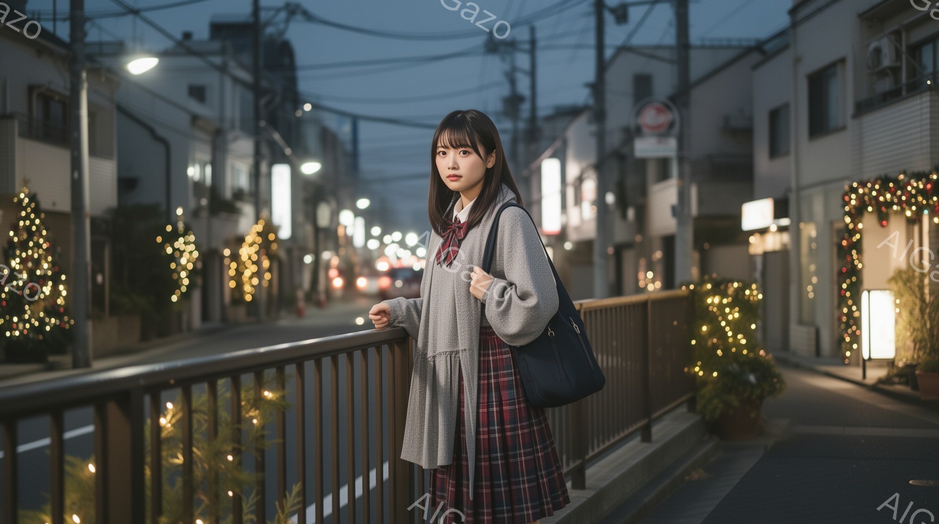 若い女性が、チェック柄のスカートと白いブラウス、グレーのカーディガンを着て、肩に黒いショルダーバッグをかけている。彼女は欄干に手を添え、少し物憂げな表情で遠くを見つめている。背景には、クリスマスイルミネーションが飾られた商店街と、夜の静かな住宅街が広がっており、少し寂しげでノスタルジックな雰囲気が漂う。