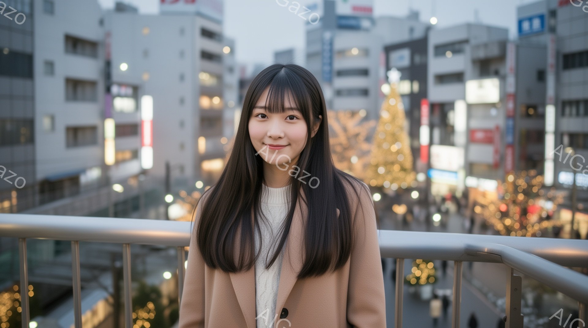 長い黒髪で、前髪が眉毛にかかる女性が、ベージュ色のコートと白いセーターを着ています。彼女はわずかに微笑み、リラックスした姿勢で欄干にもたれかかっています。背景には、クリスマスツリーやイルミネーションで - AI生成フリー素材