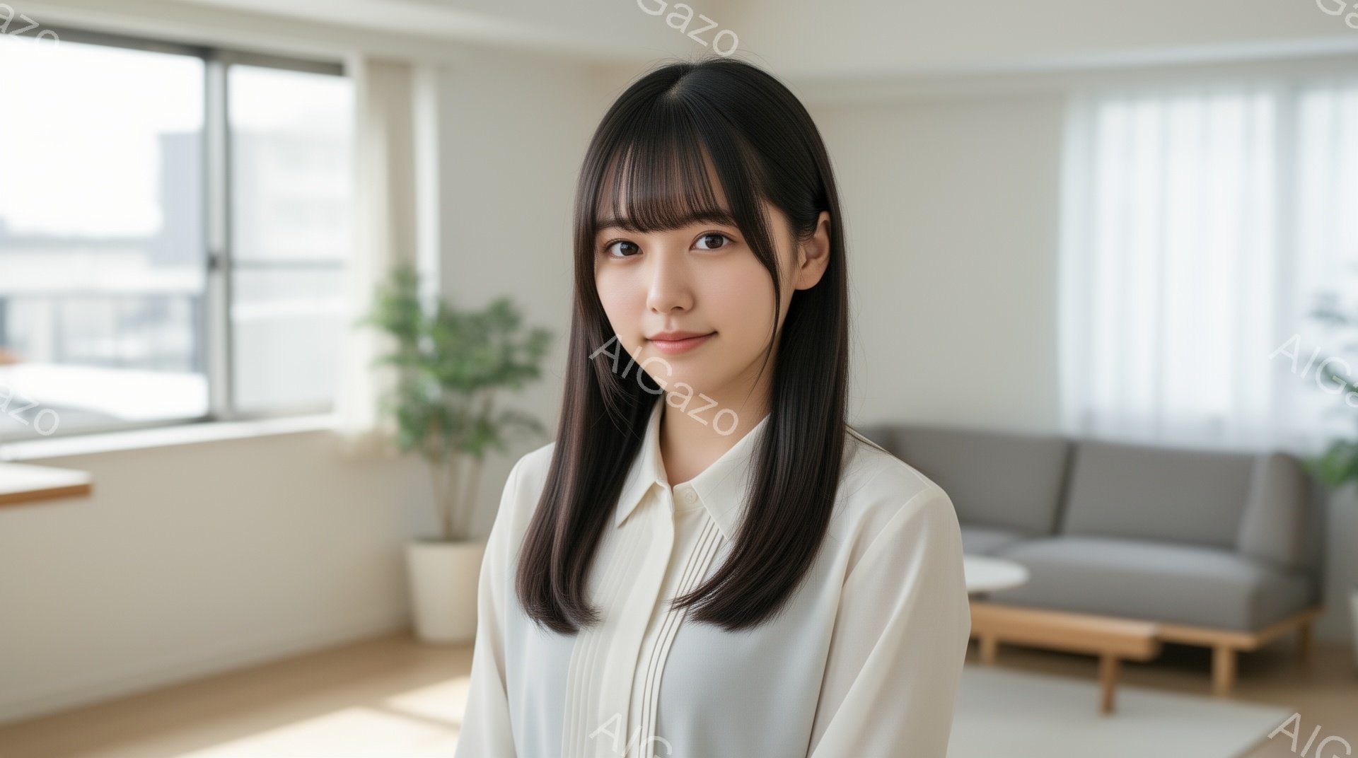 画像は、黒髪のストレートヘアで、前髪が眉毛にかかる女性が写っています。彼女はオフホワイトのシャツを着ており、穏やかな微笑みを浮かべています。背景は明るいリビングルームで、灰色のソファ、植物、そして窓か - AI生成フリー素材