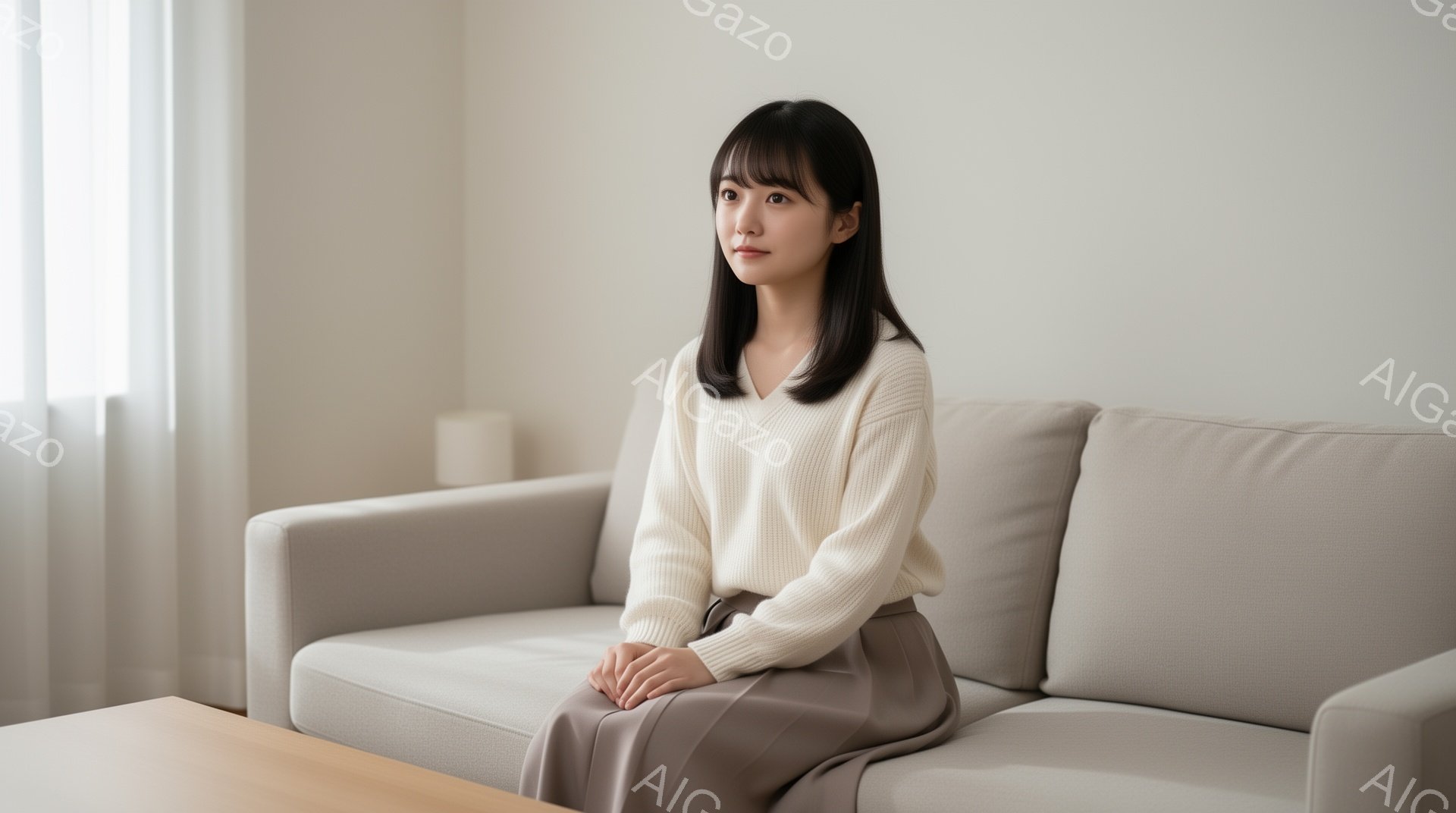 長い黒髪で前髪を作った若い女性が、ベージュ色のソファに座っています。オフホワイトのセーターと、落ち着いた茶色のスカートを身に着けており、リラックスした姿勢で少し微笑んでいます。背景は明るいベージュの壁 - AI生成フリー素材