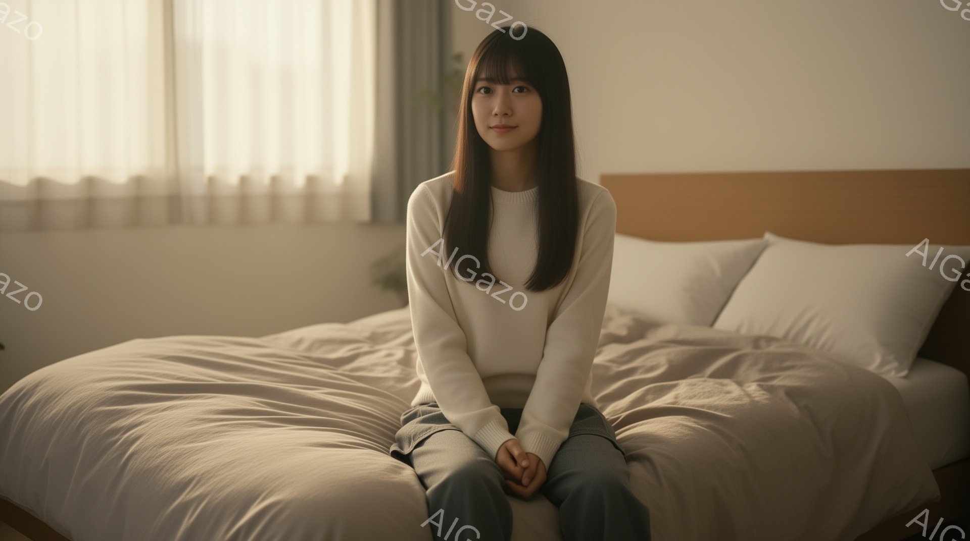 長い黒髪で前髪を作った若い女性がベッドに座っています。彼女は白いセーターと灰色のズボンを身に着け、穏やかな表情でカメラを見つめています。背景は柔らかい光が差し込むシンプルな寝室で、全体的に落ち着いた雰囲気です。
