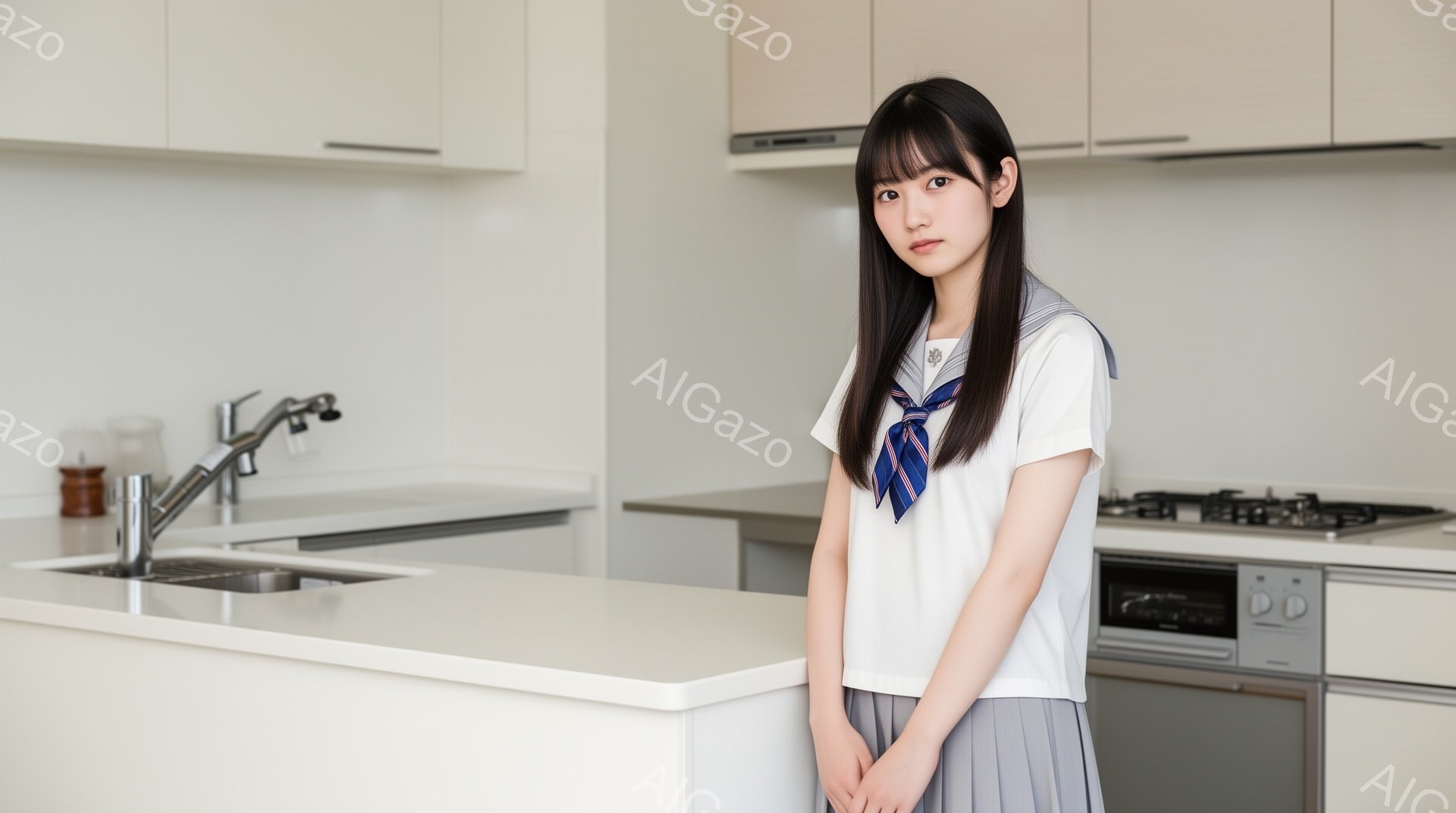 画像には、キッチンに立つ女子高生が写っています。彼女は白いブラウスに紺色のリボン、グレーのプリーツスカートという制服を着ており、長い黒髪をストレートにしています。表情は少し控えめで、両手を前に組んで立っています。