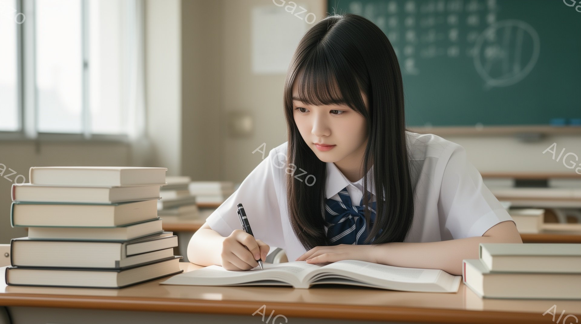 画像には、制服を着た若い女性が教室で勉強している様子が写っています。彼女は白いシャツに紺色のリボンとネクタイ、そしてダークブラウンのロングヘアで、真剣な表情で本にペンで書き込んでいます。背景には積み上げられた本と黒板があり、全体的に落ち着いた学習環境の雰囲気が漂っています。