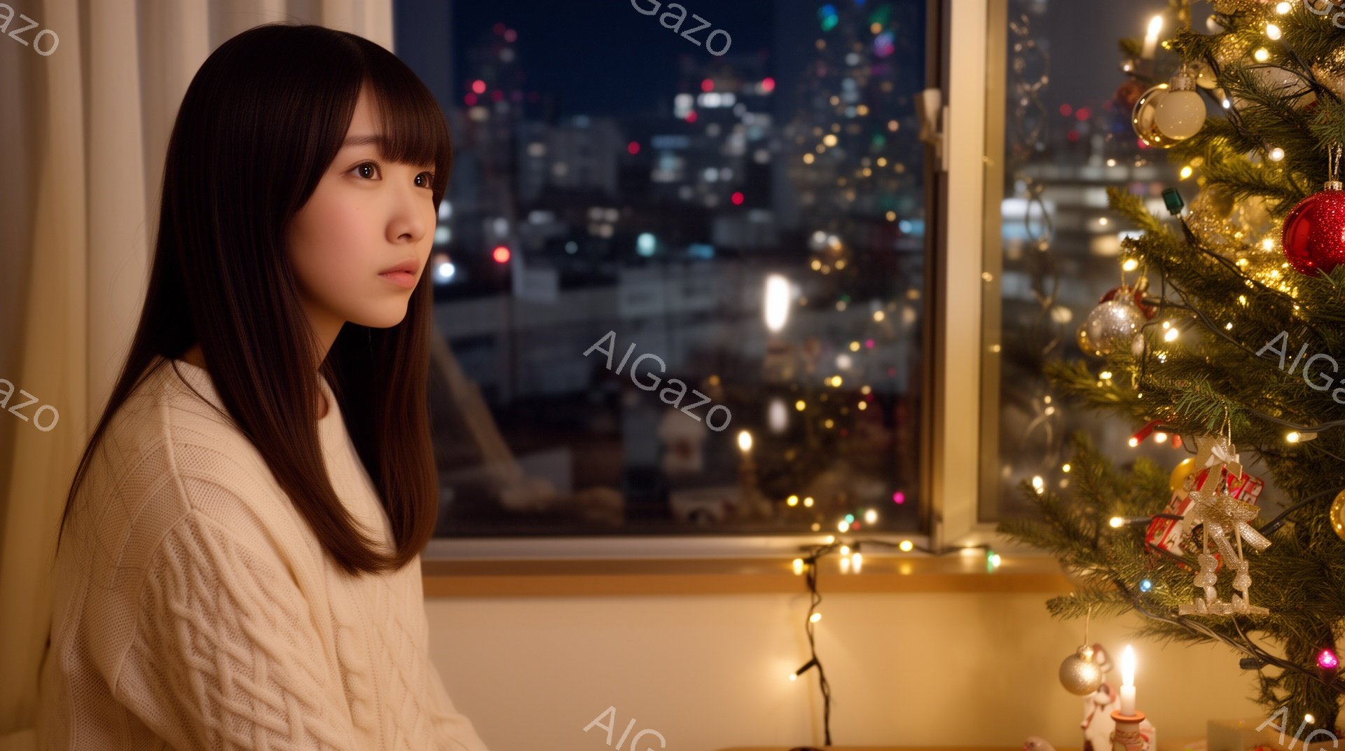 長い黒髪で前髪が目の上にかかる女性が、窓の外を見つめています。オフホワイトのケーブルニットセーターを着ており、少し物憂げな表情をしています。背景には夜景が広がり、室内にはクリスマスツリーが飾られ、温かい光が灯っています。