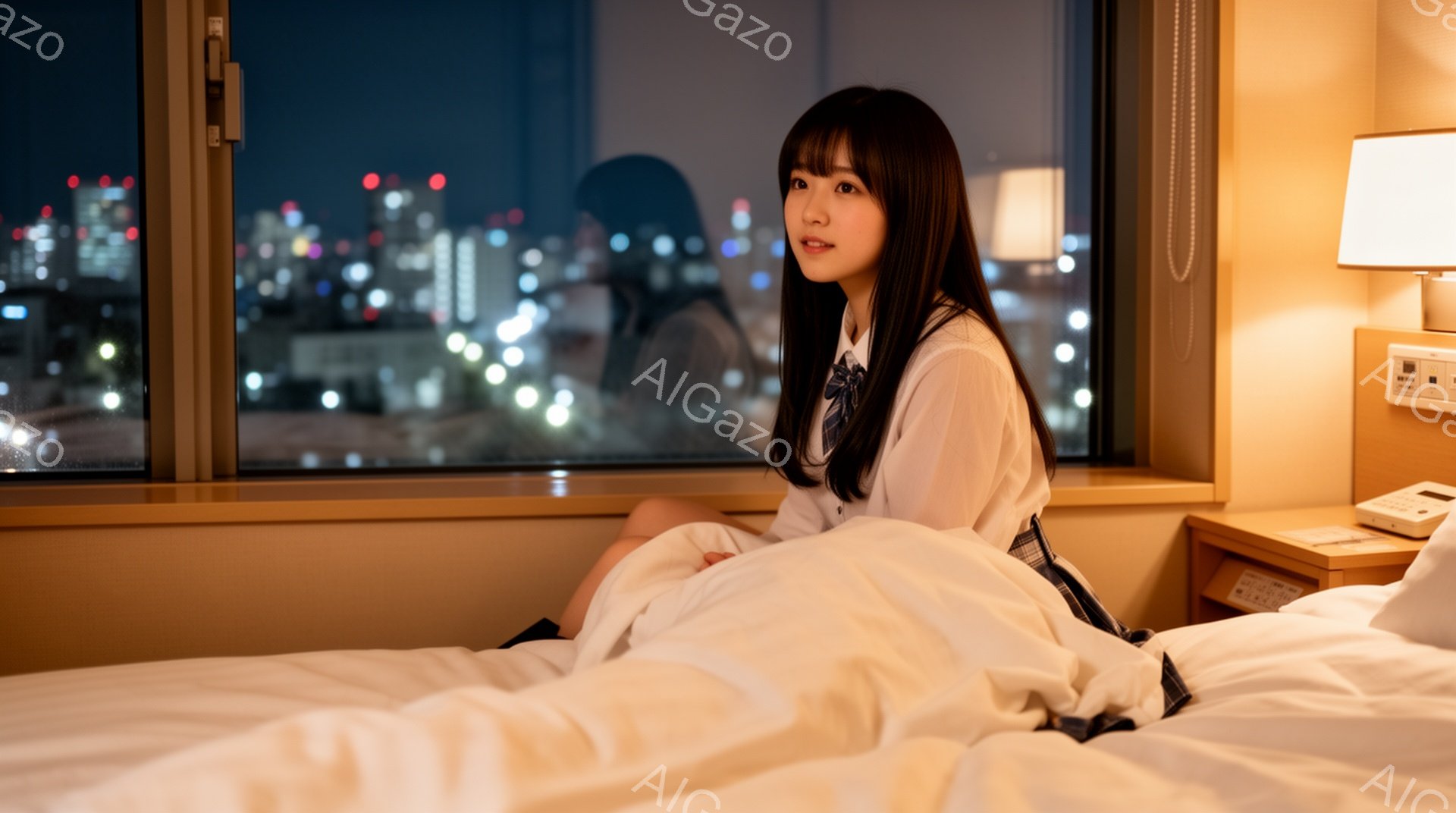 長い黒髪をサイドに流した女性が、ベッドに座って何かを考えている様子が写っている。白いシャツにネクタイとチェックのスカートを着用し、少し物憂げな表情をしている。背景には夜景が広がり、暖色の照明が部屋を照らし、落ち着いた雰囲気を醸し出している。