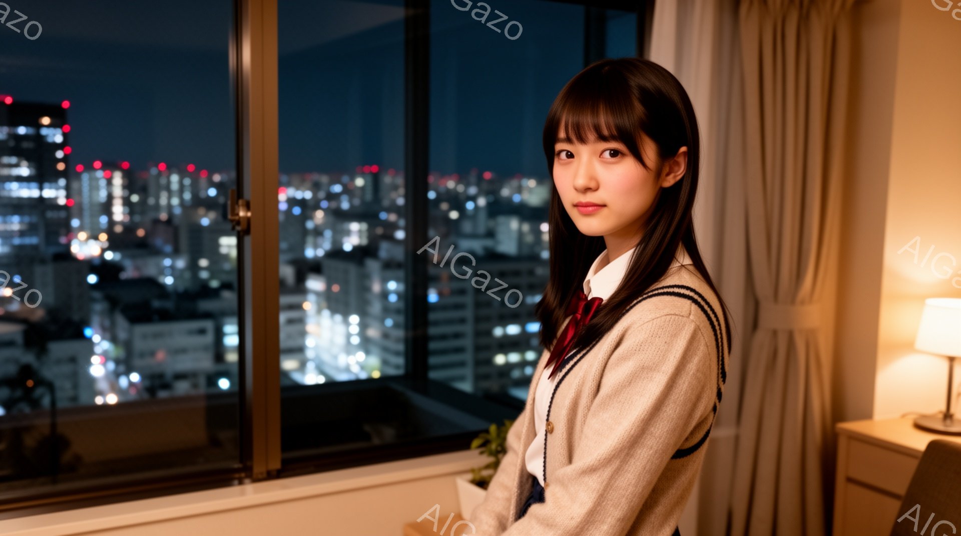 若い女性が窓辺に立っており、制服のようなベージュのカーディガンに赤いネクタイ、白いシャツを着ています。彼女は肩までの長さの黒髪で、前髪が少しサイドに流れています。背景には夜景が広がり、多くの建物が光り、都市の活気を感じさせます。