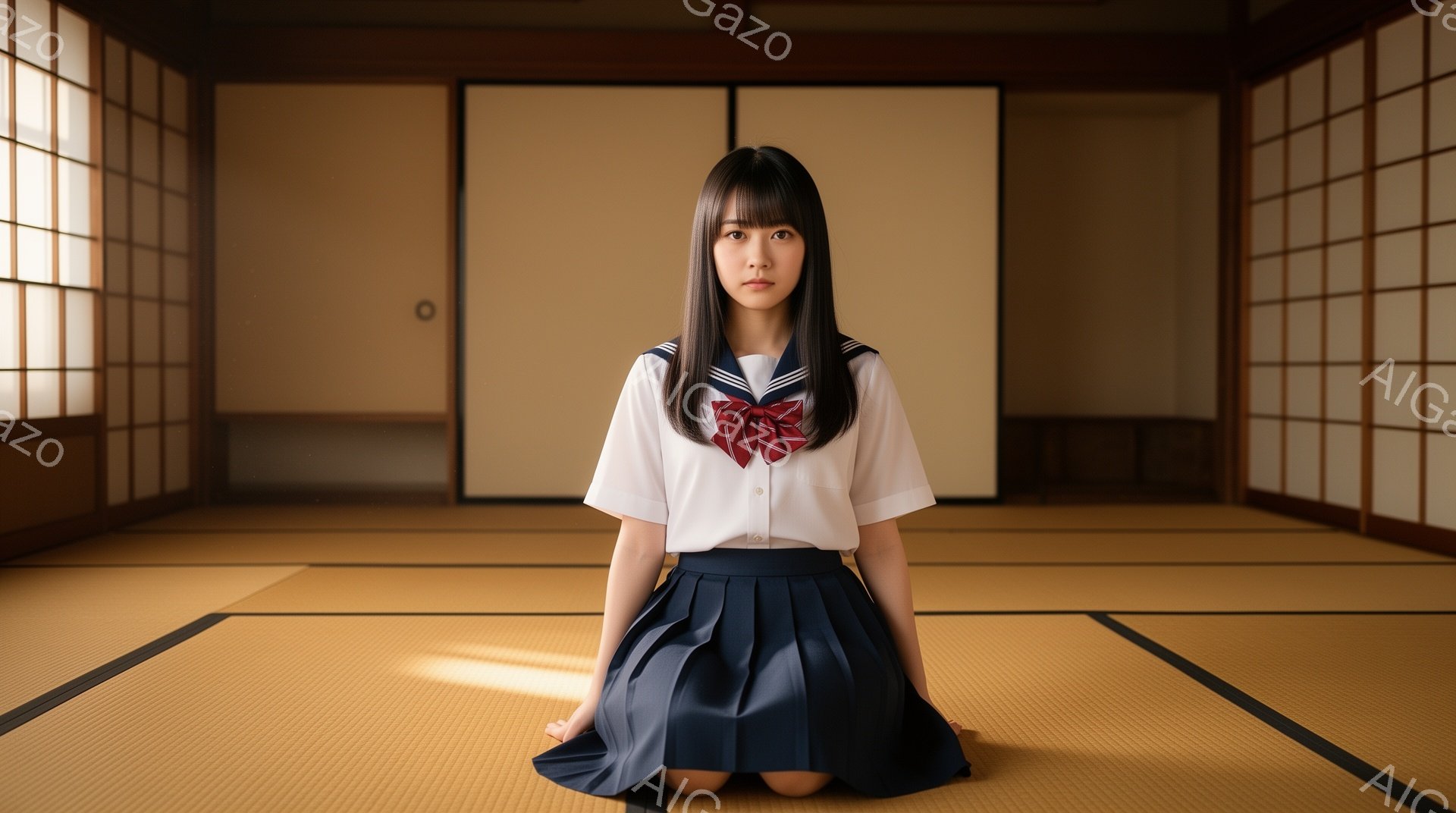 画像は、セーラー服を着た若い女性が畳の部屋に跪いている様子を捉えています。彼女は暗い髪を肩まで伸ばし、青いスカートと白いブラウスを着用し、赤いリボンで首を飾っています。部屋は伝統的な和室で、障子窓とストローの畳の床が特徴的で、全体的に静かで落ち着いた雰囲気を醸し出しています。