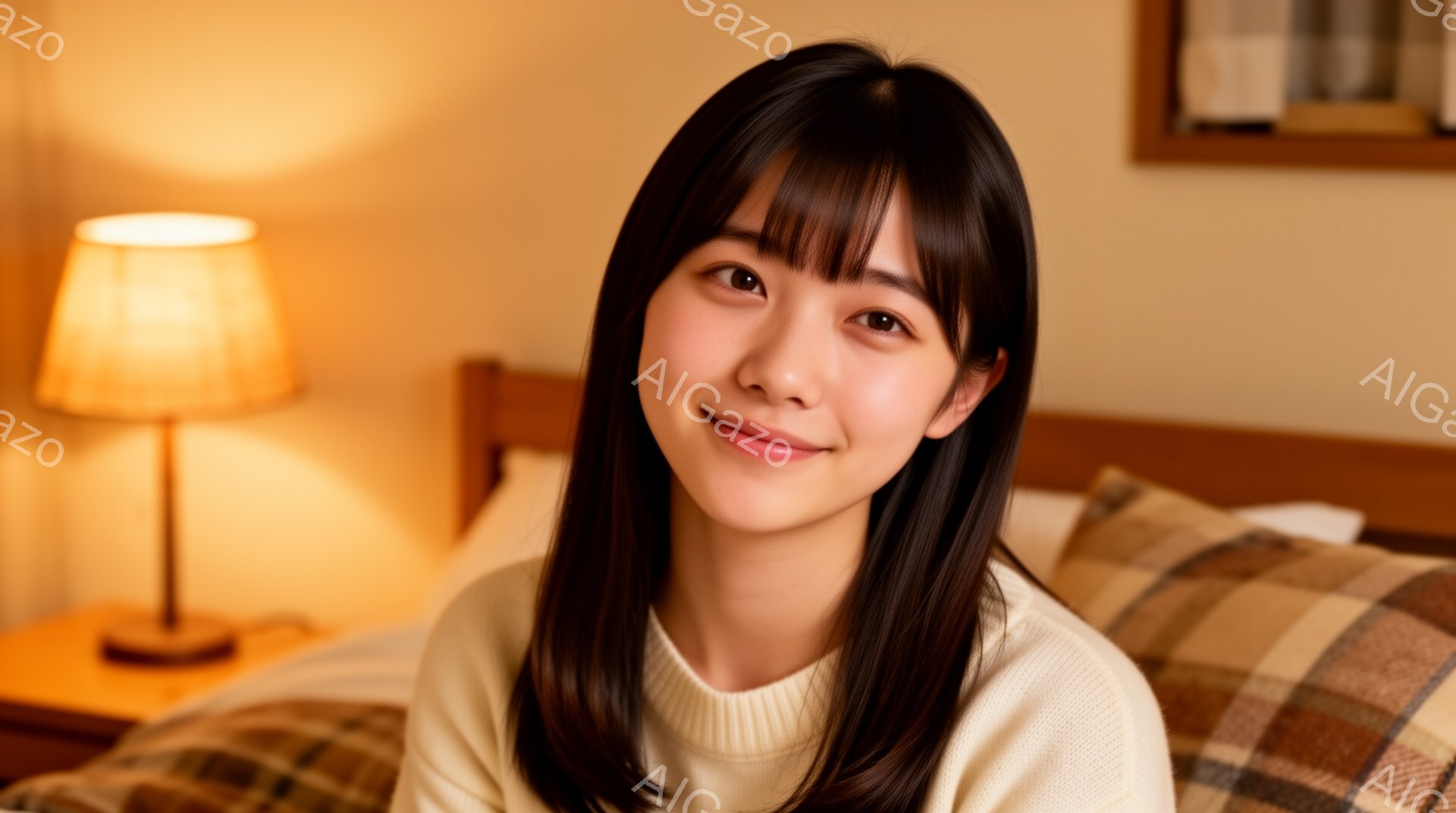長い黒髪で、前髪は眉毛にかかるようにカットされた若い女性が写っている。オフホワイトのセーターを着て微笑んでおり、背景には木製のベッドとテーブルランプが見える。全体的に暖かく、リラックスした雰囲気の写真 - AI生成フリー素材