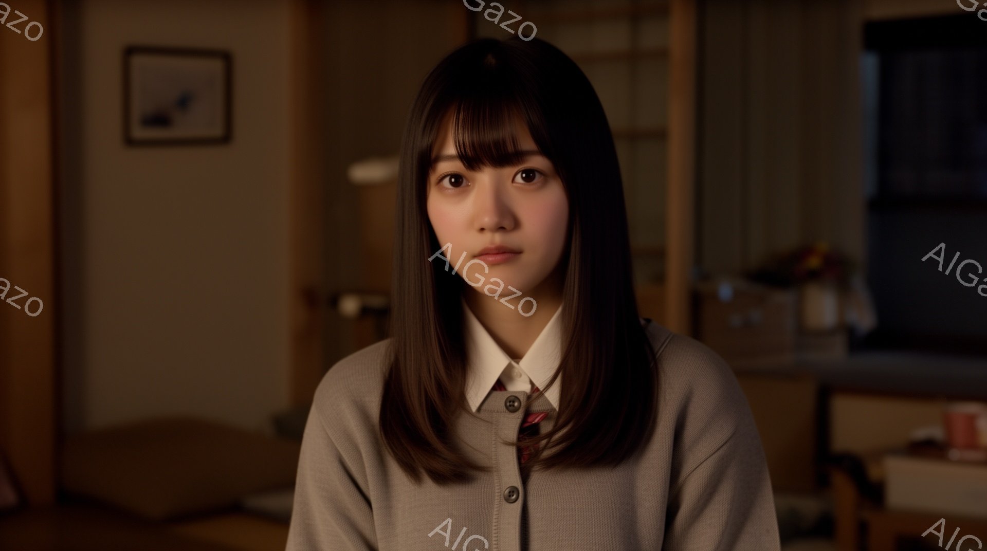 画像は、制服を着た若い女性が正面を向いている様子を捉えています。彼女は長くストレートな黒髪で、前髪が眉毛にかかっています。表情はやや憂いを帯びており、背景には木製の棚とぼやけた部屋の一部が見えます。 - AI生成フリー素材